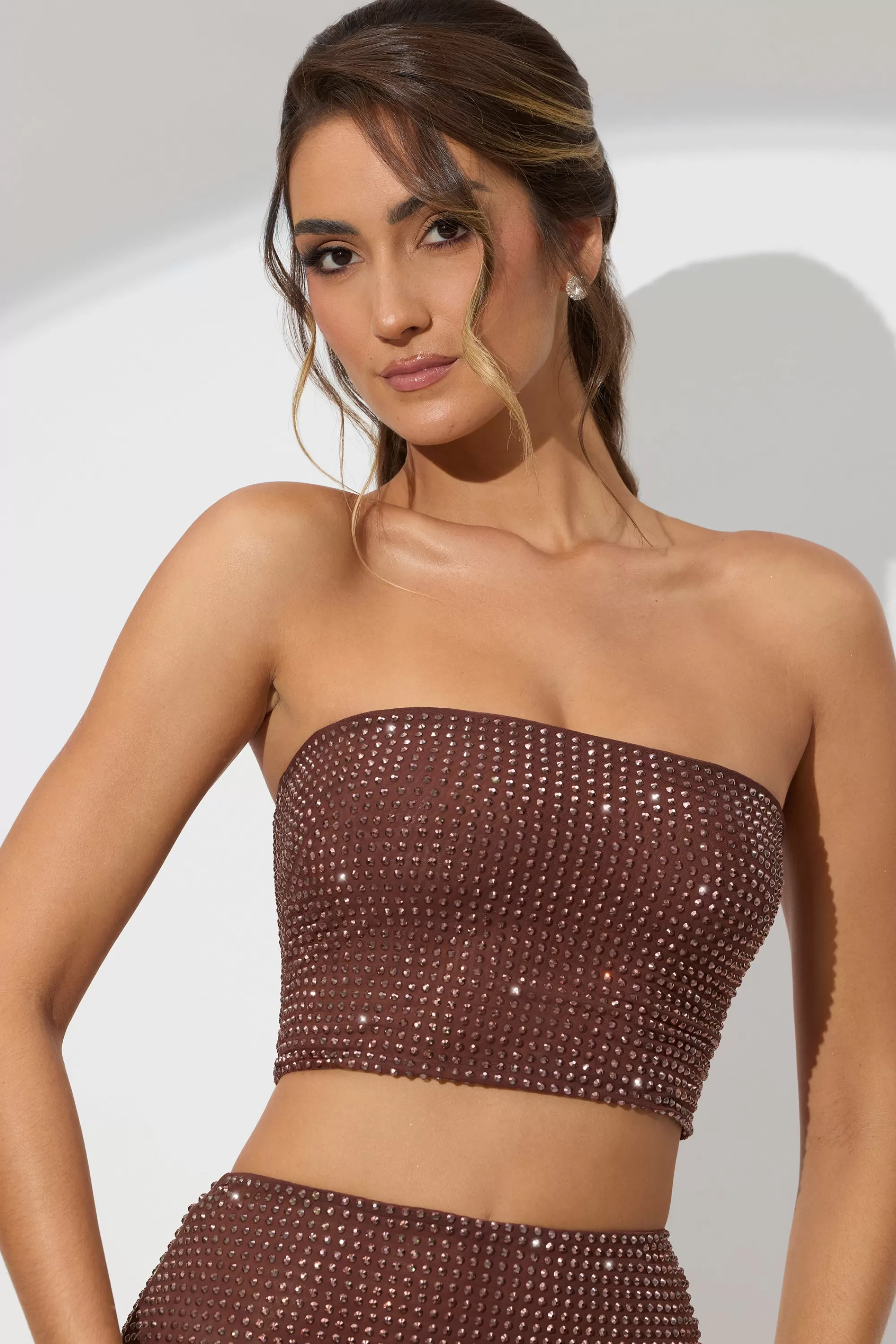 Oh Polly Embellished Strapless Crop Top In Espresso Cheap