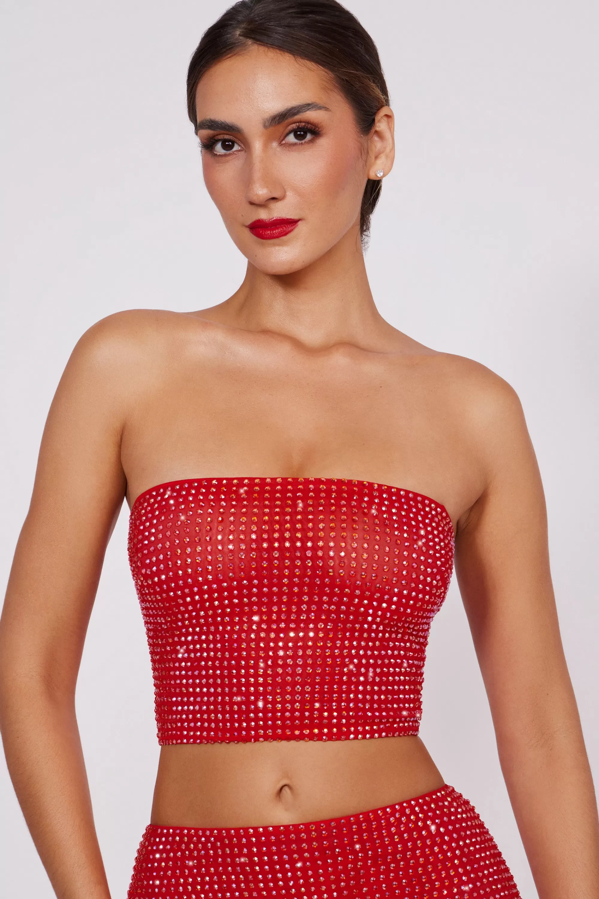 Oh Polly Embellished Strapless Crop Top In Fire Red Fashion