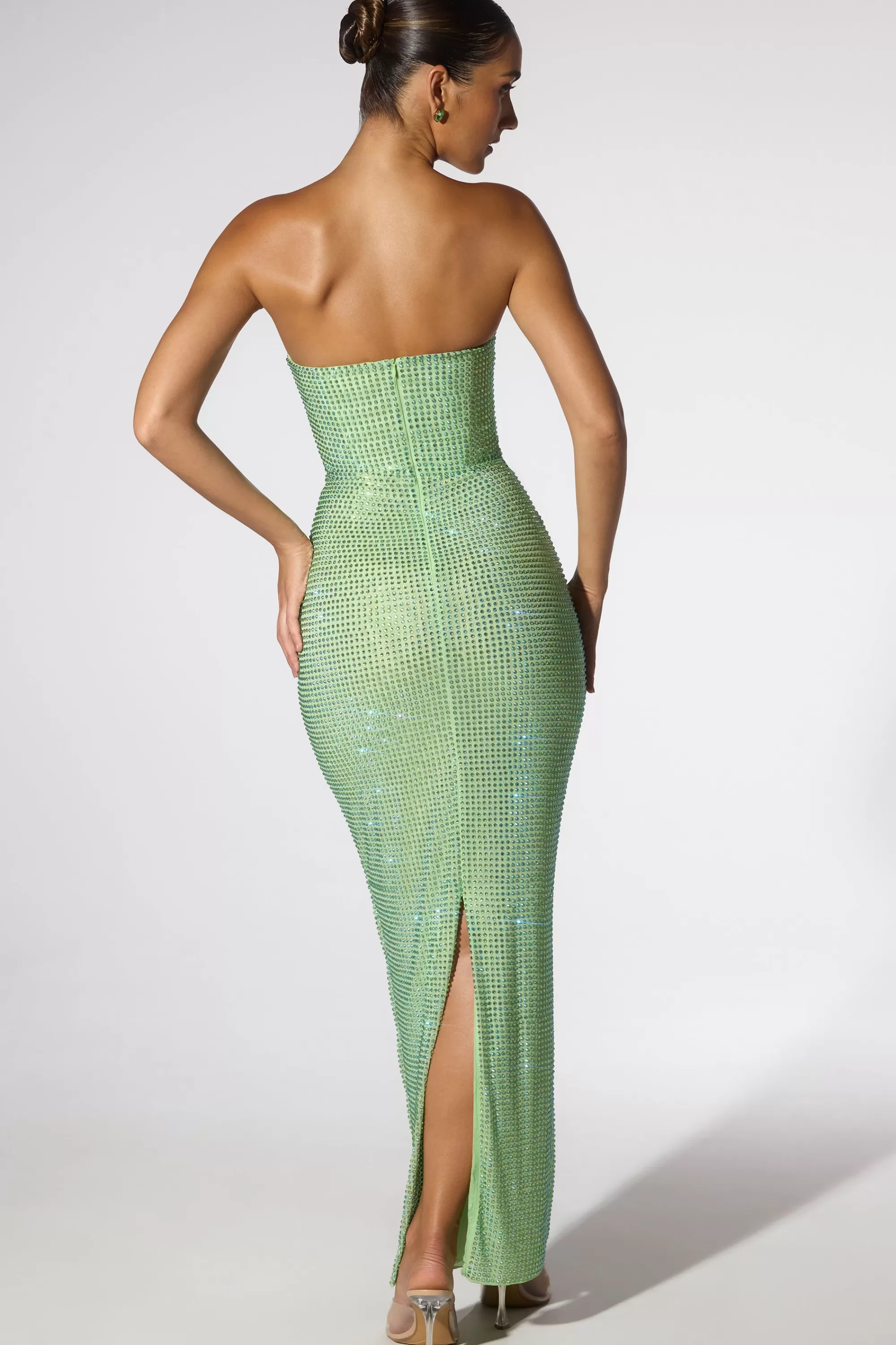 Oh Polly Embellished Strapless Evening Gown In Sage Green New