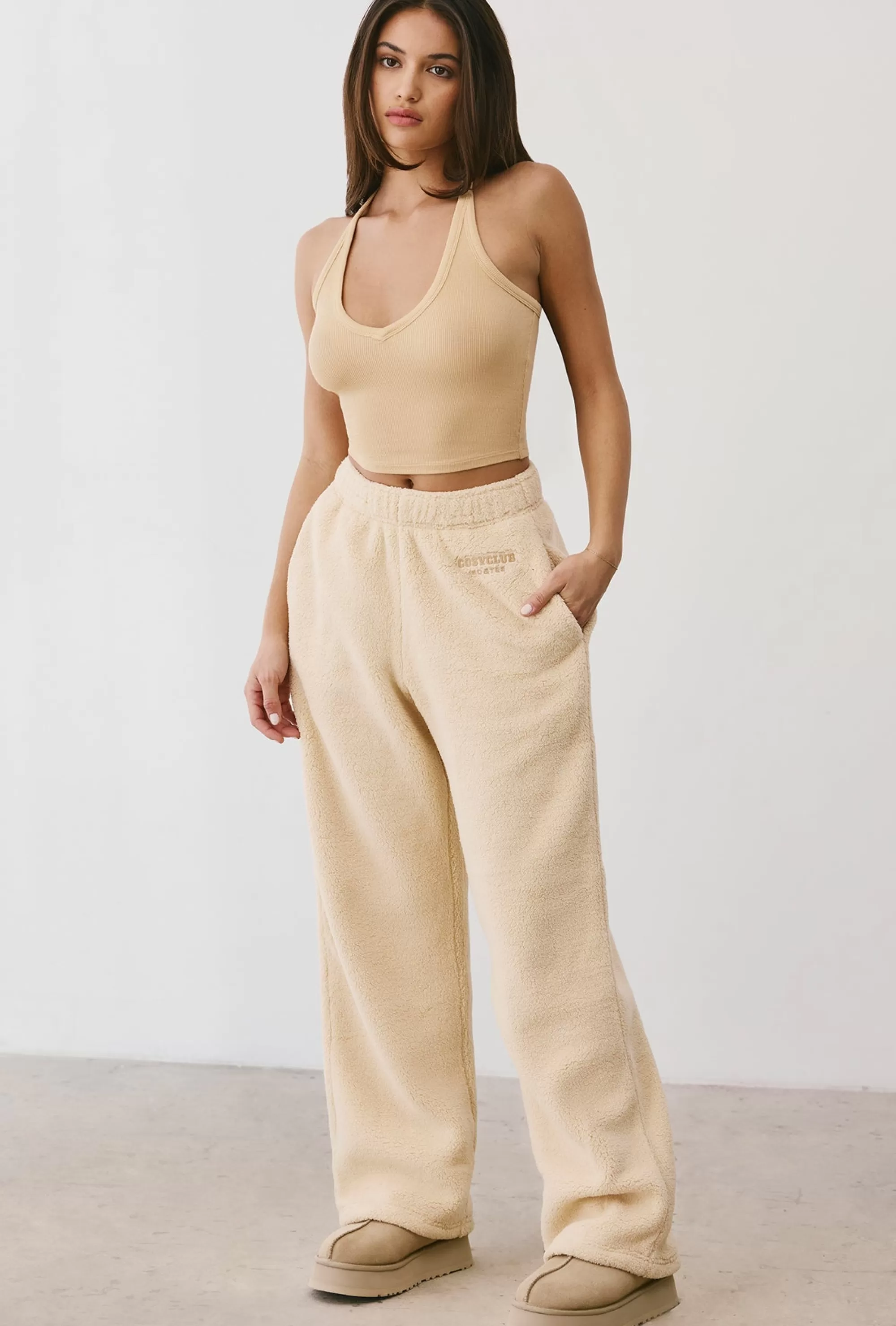 Oh Polly Fleece Wide Leg Joggers In Cashmere Store