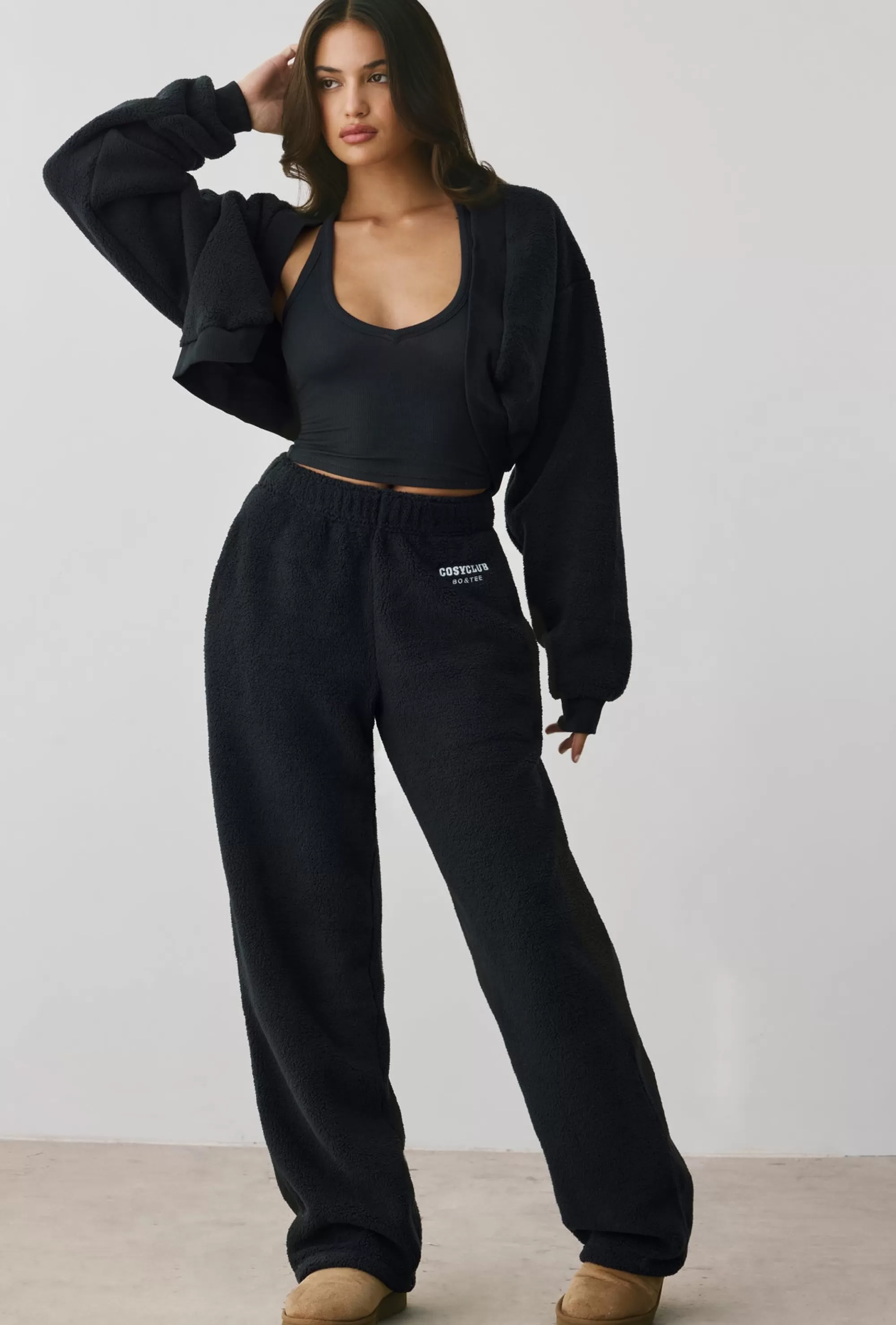 Oh Polly Fleece Wide Leg Joggers In Onyx Flash Sale