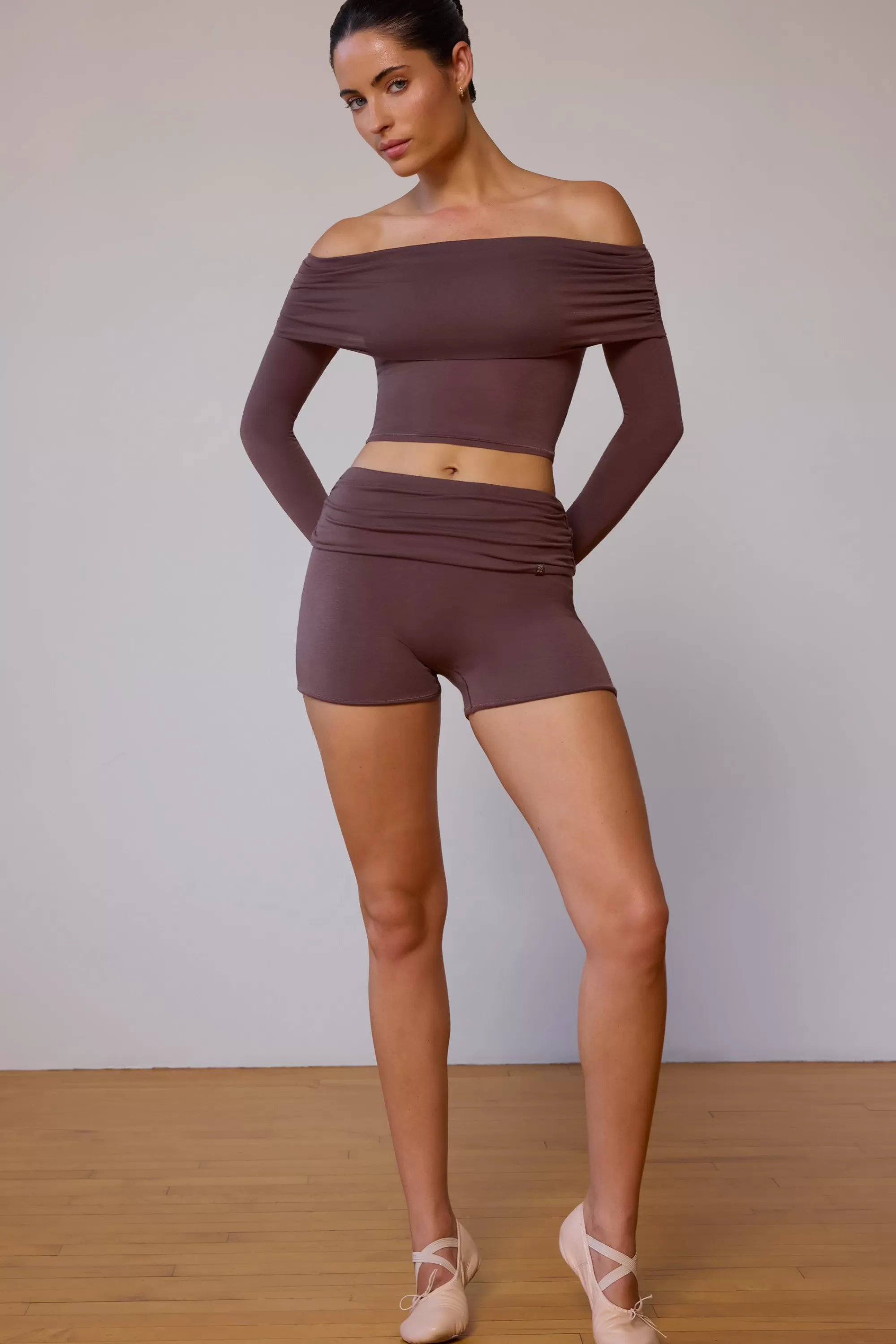 Oh Polly Fold-Over Mini Shorts In Taupe Brown Outlet