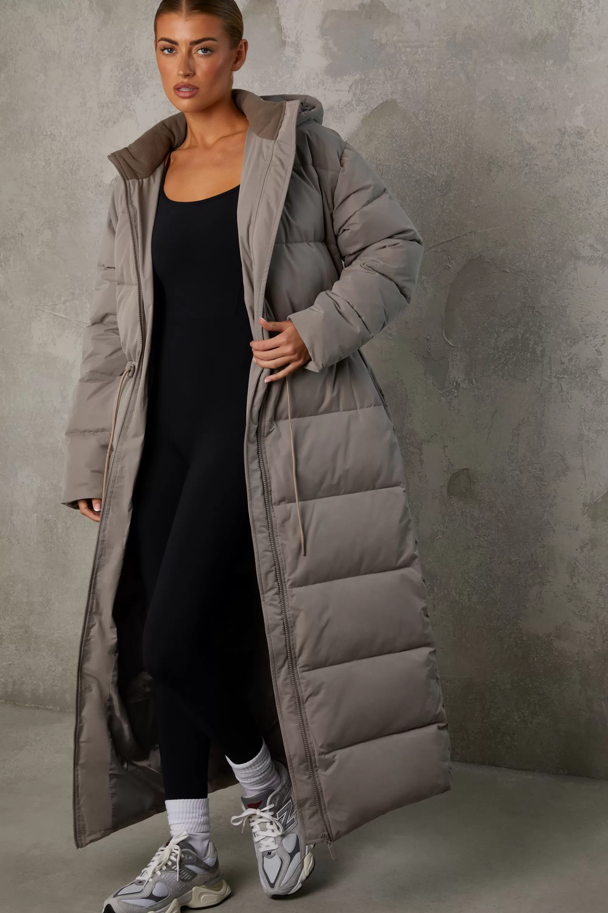 Oh Polly Full Length Hooded Puffer Coat In Warm Grey Warm Grey Cheap