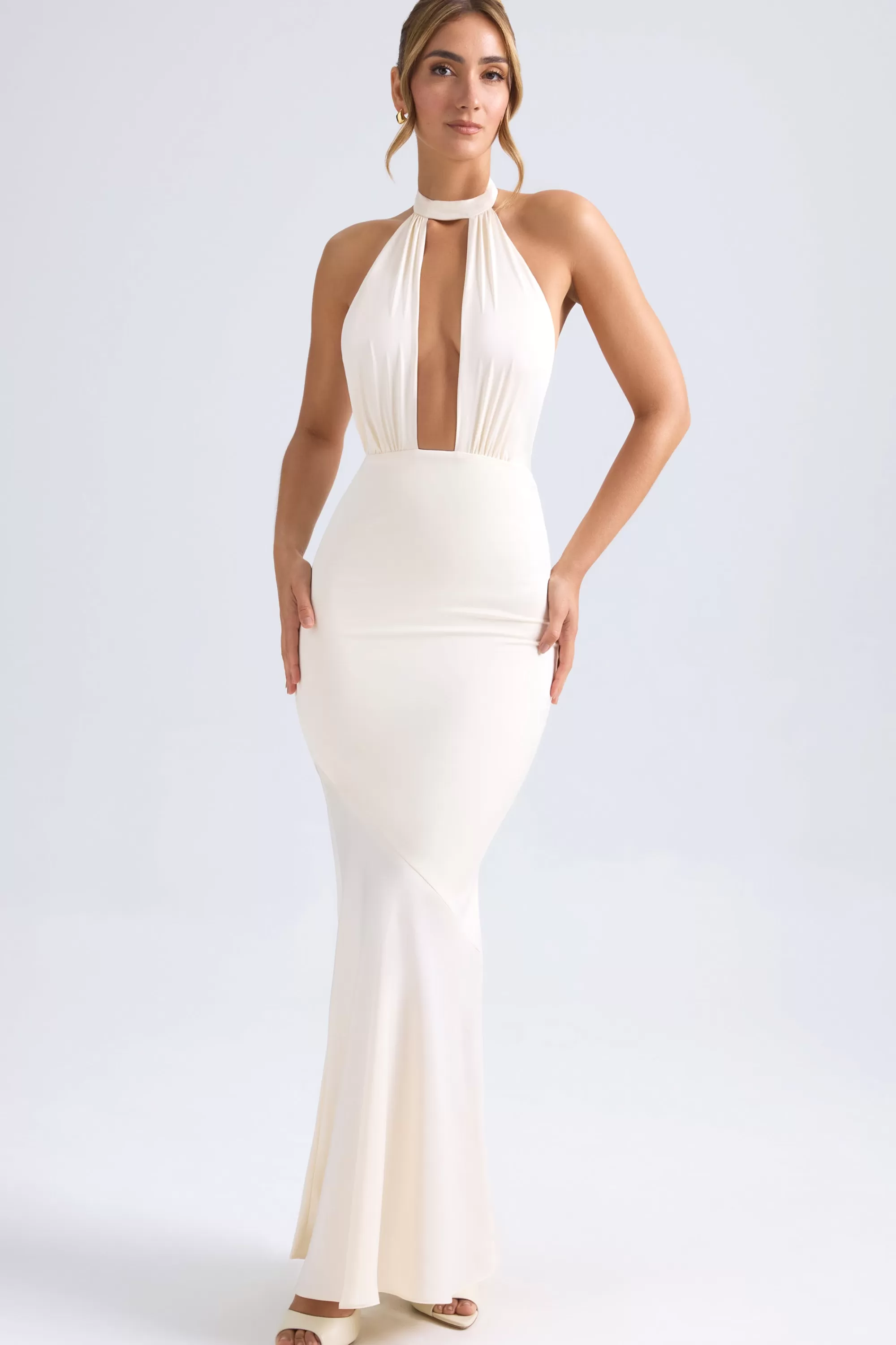 Oh Polly Halterneck Fishtail Gown In Ivory Discount