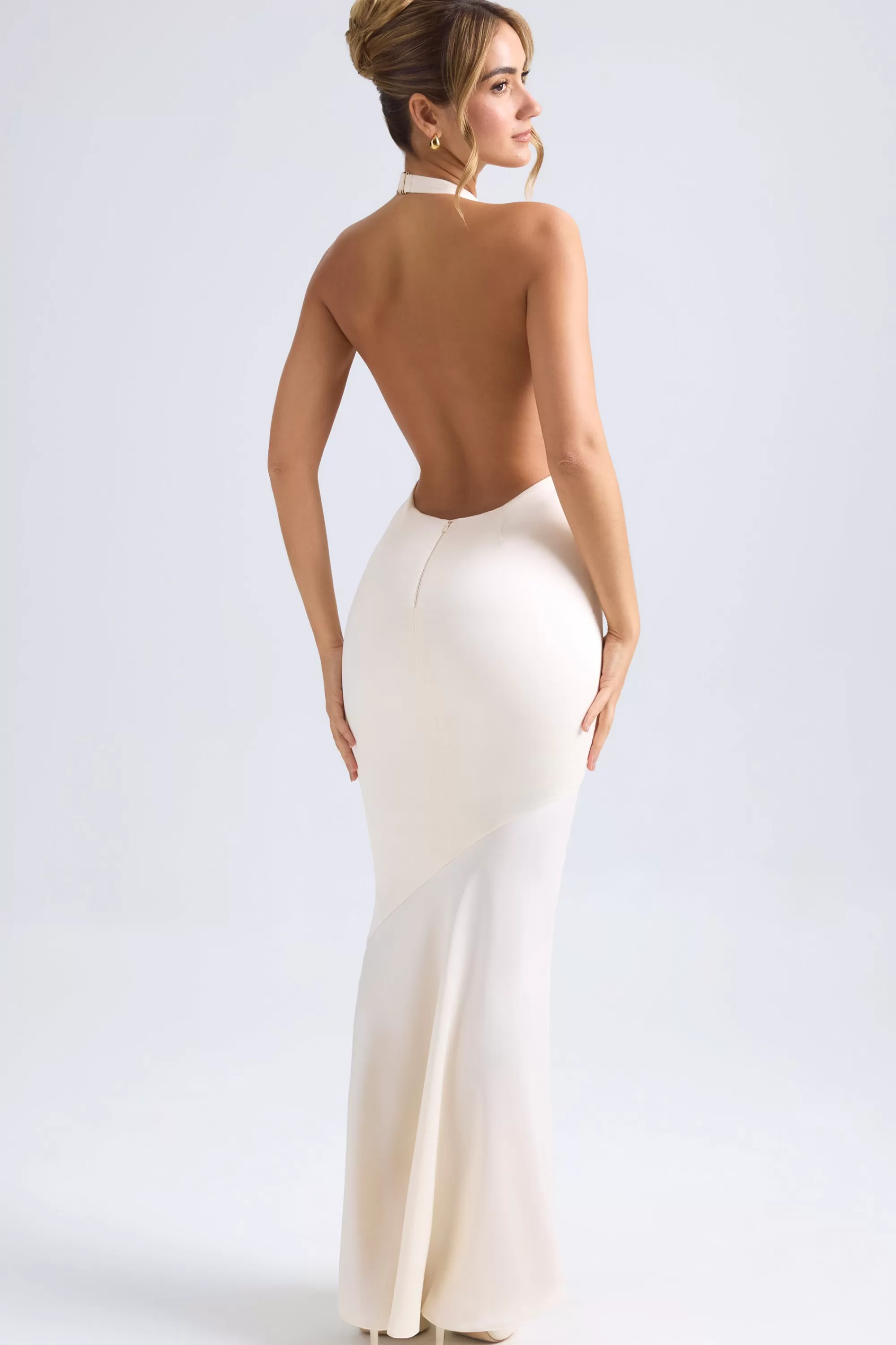 Oh Polly Halterneck Fishtail Gown In Ivory Discount