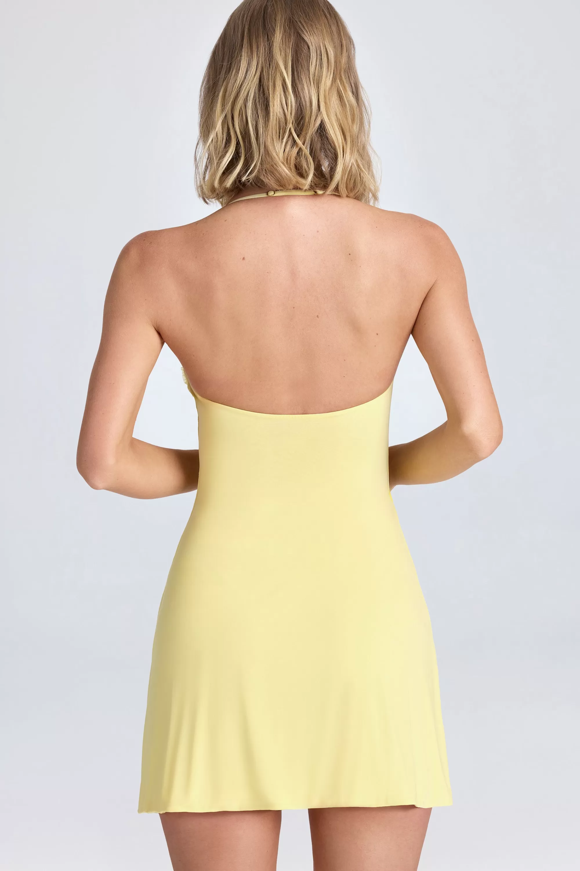 Oh Polly Halterneck Ruffle-Appliqué A-Line Mini Dress In Lemon Sherbet Store