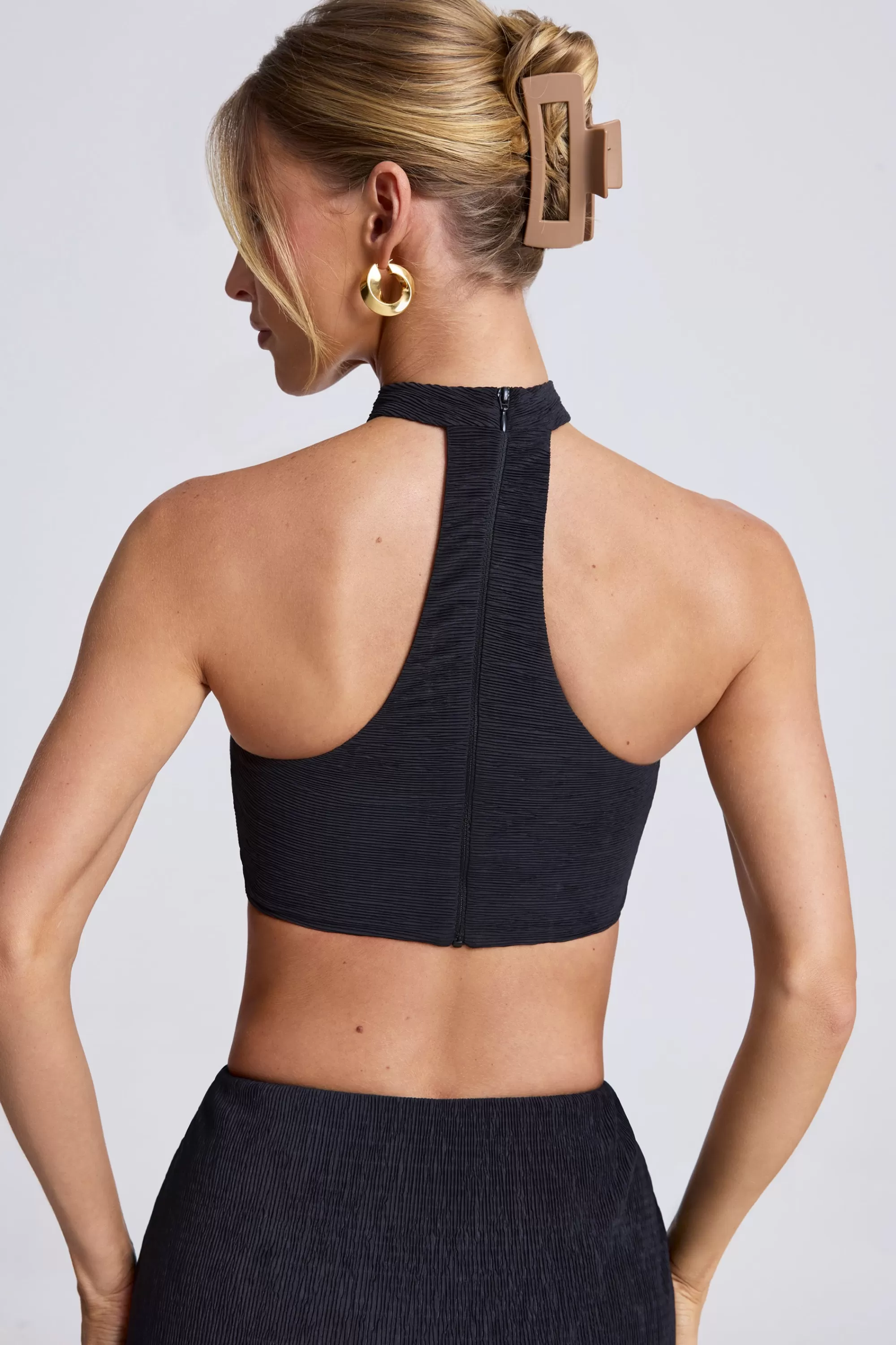 Oh Polly Hardware Detail Choker Crop Top In Black Shop