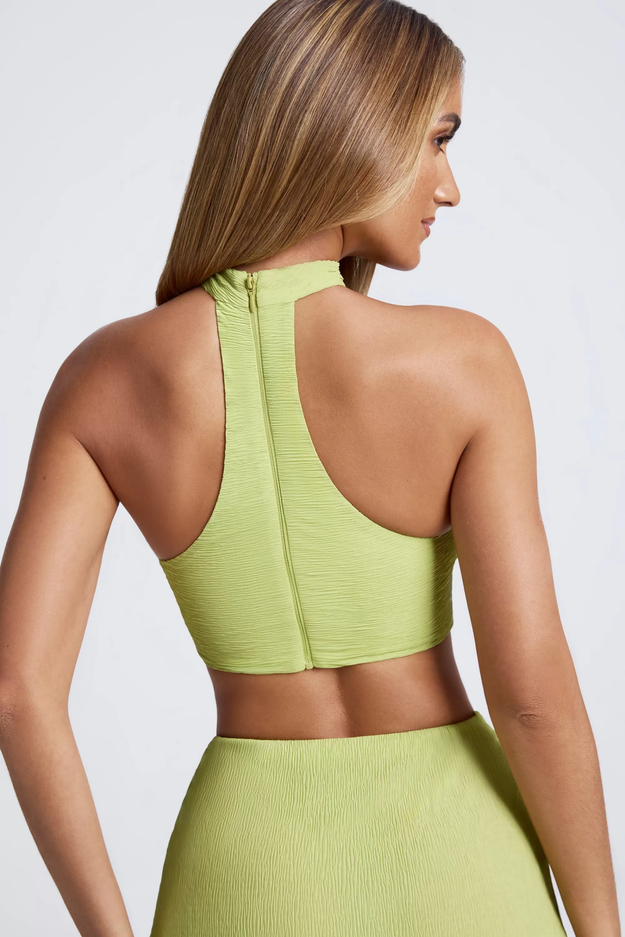 Oh Polly Hardware Detail Choker Crop Top In Olive Green New