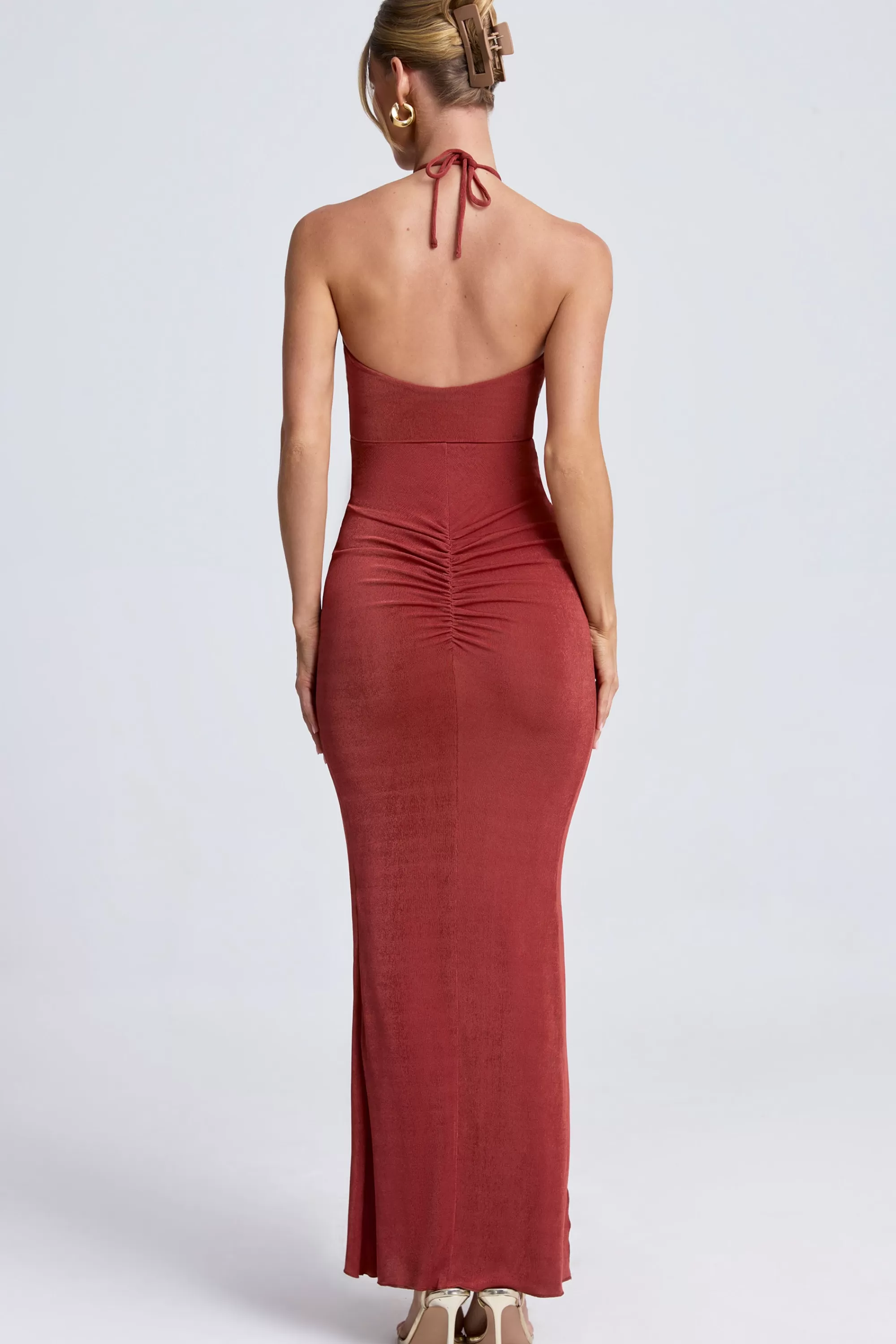 Oh Polly Hardware Detail Cut-Out Halterneck Maxi Dress In Auburn Brown Outlet