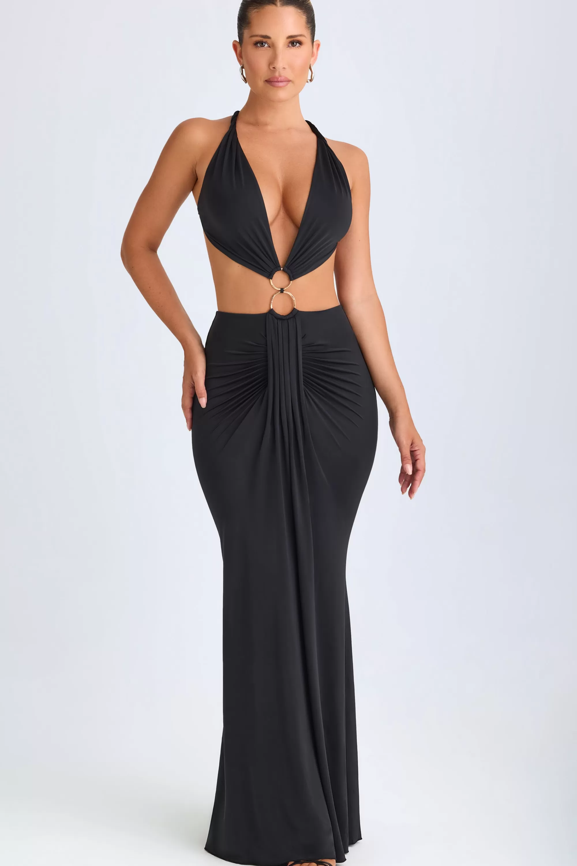 Oh Polly Hardware Detail Cut-Out Halterneck Maxi Dress In Black Cheap