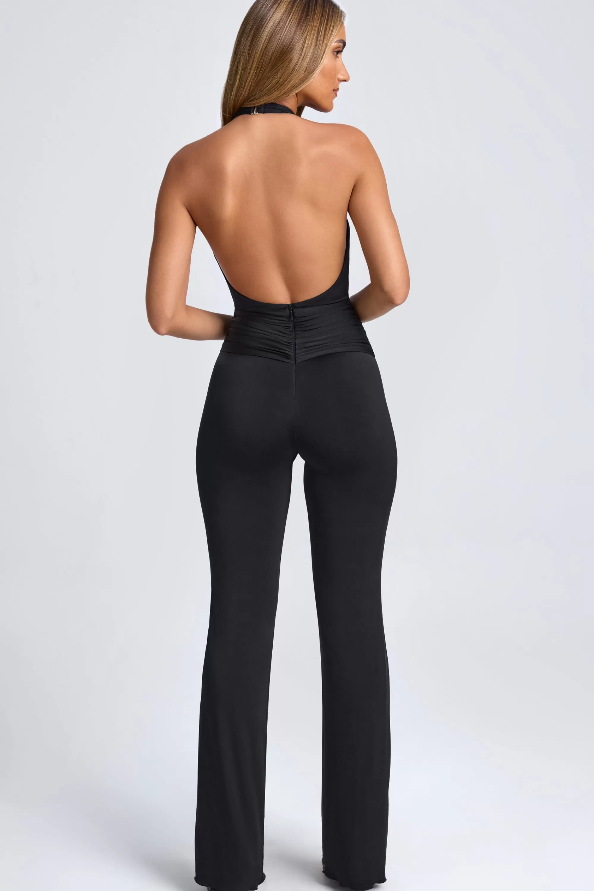 Oh Polly Hardware Detail Plunge Halterneck Jumpsuit In Black New