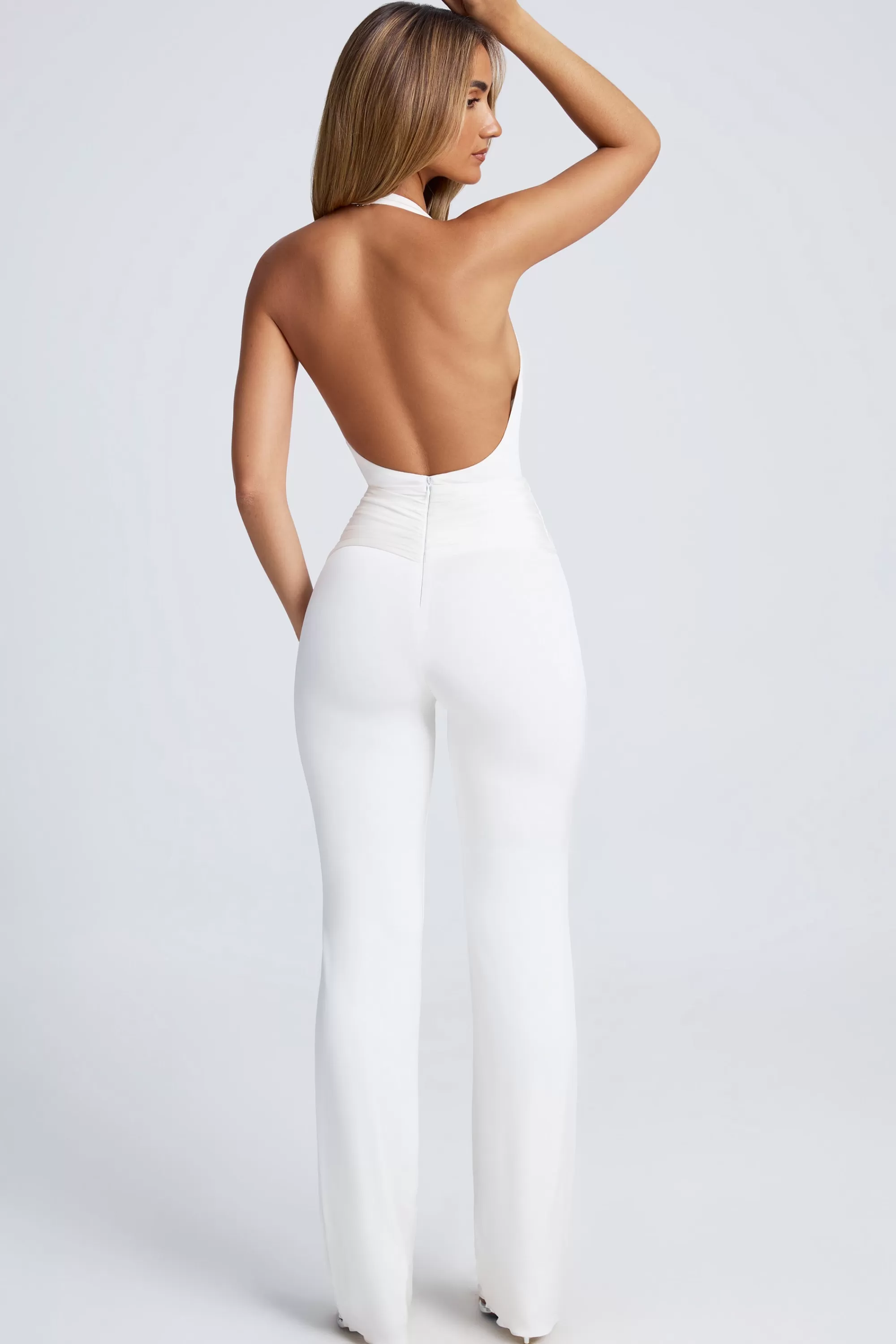 Oh Polly Hardware Detail Plunge Halterneck Jumpsuit In White Sale