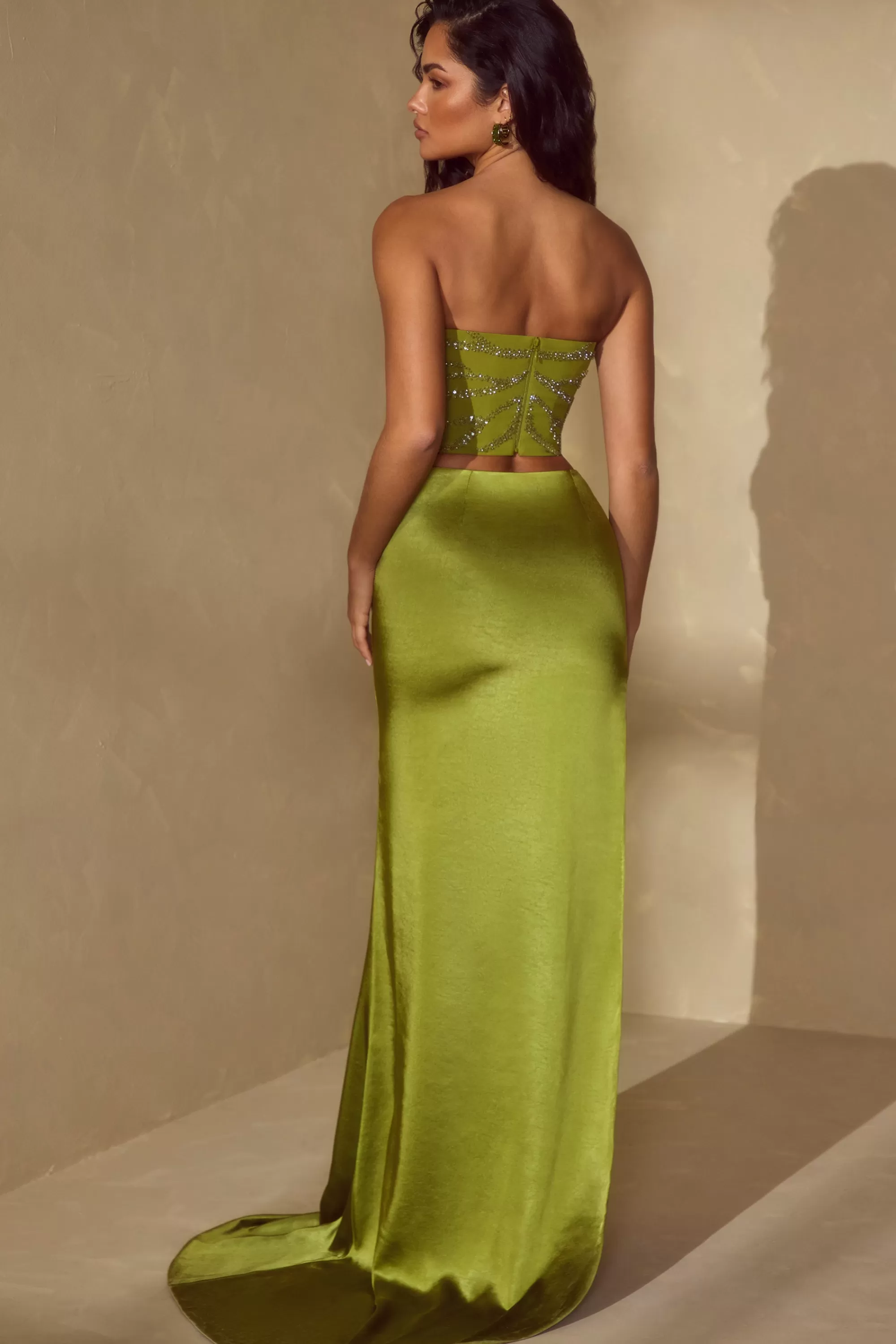 Oh Polly High Slit Gown Length Skirt With Train In Olive Best