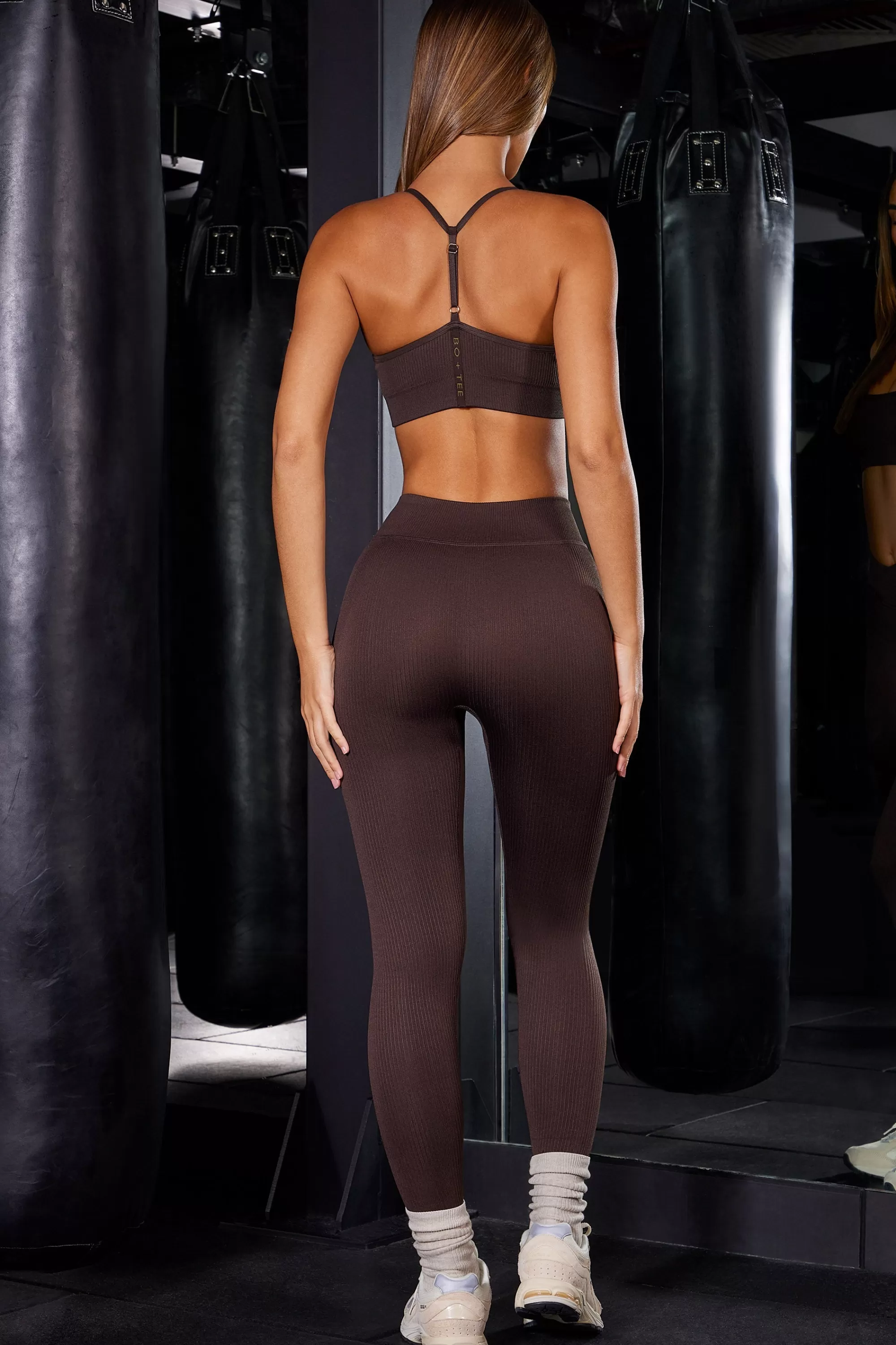 Oh Polly High Waist Ribbed Leggings In Brown Hot