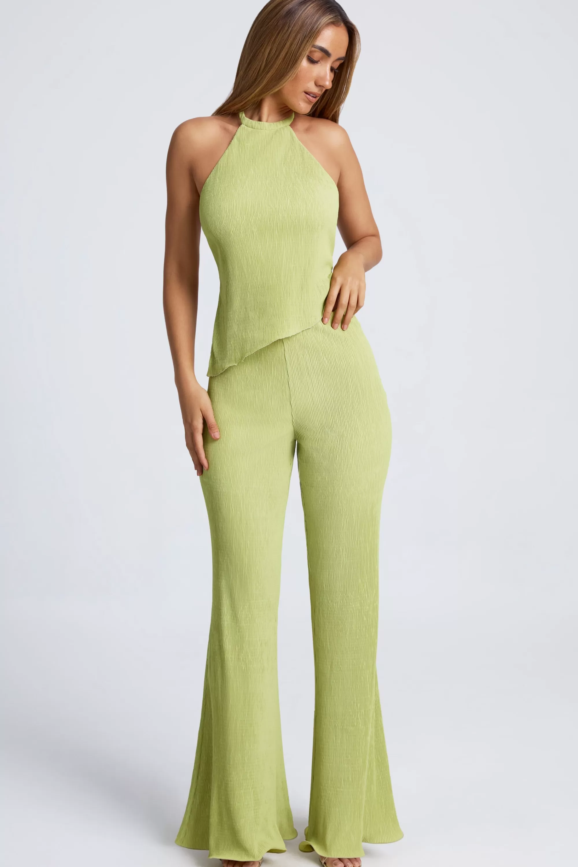 Oh Polly High-Waist Wide-Leg Trousers In Olive Green Discount