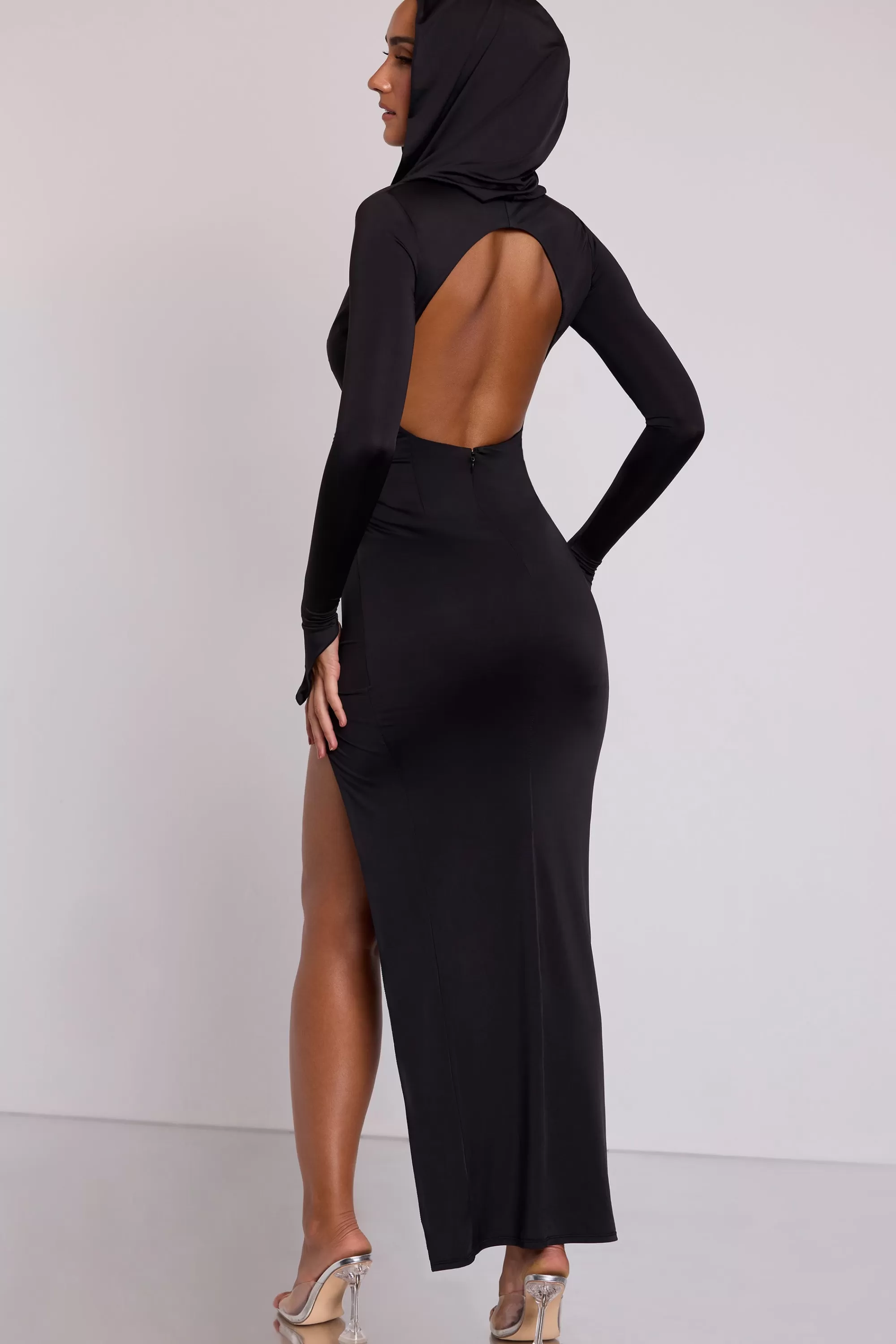 Oh Polly Hooded Long Sleeve Maxi Dress In Black Outlet