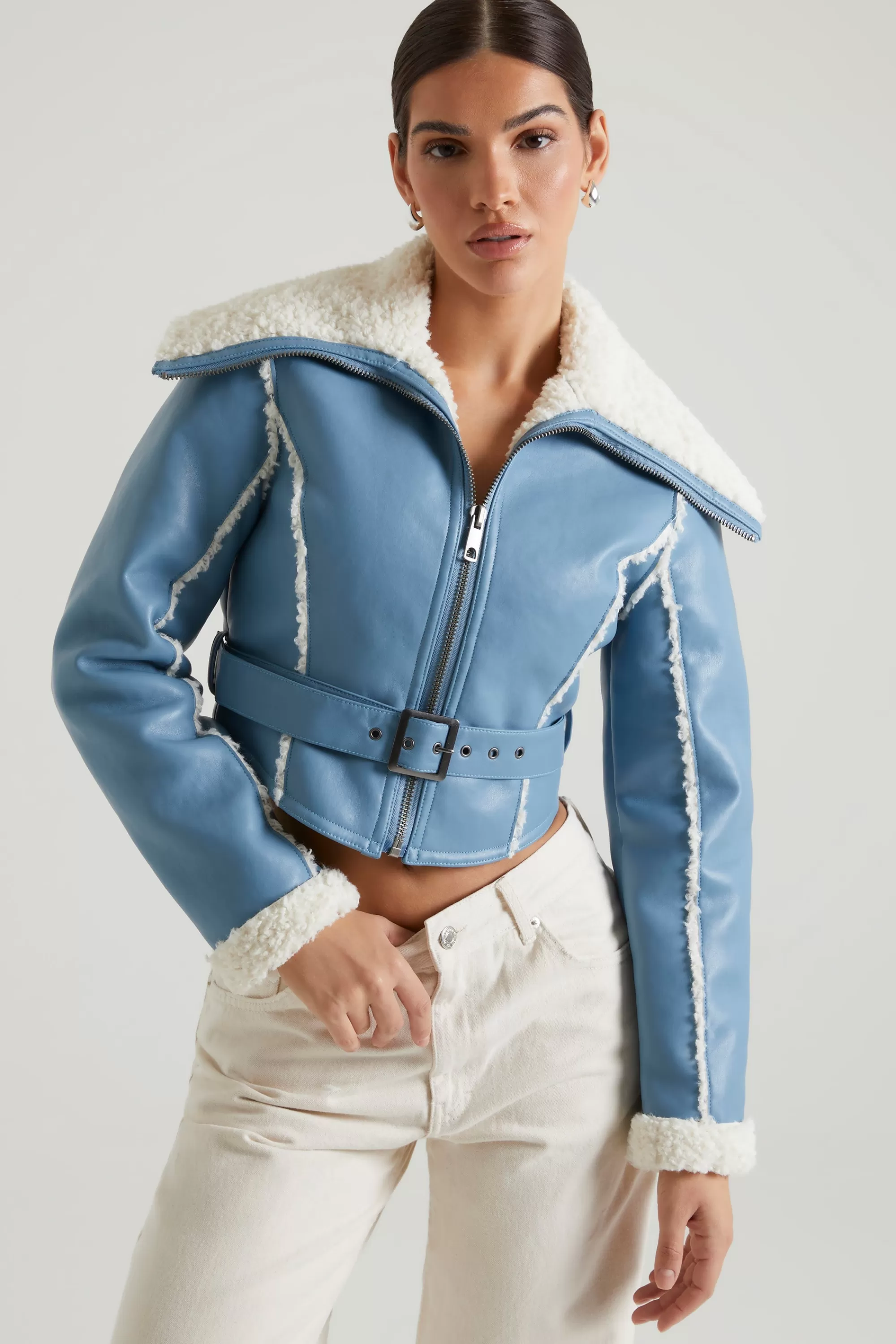 Oh Polly Jacket With Shearling Collar And Trim In Blue Store