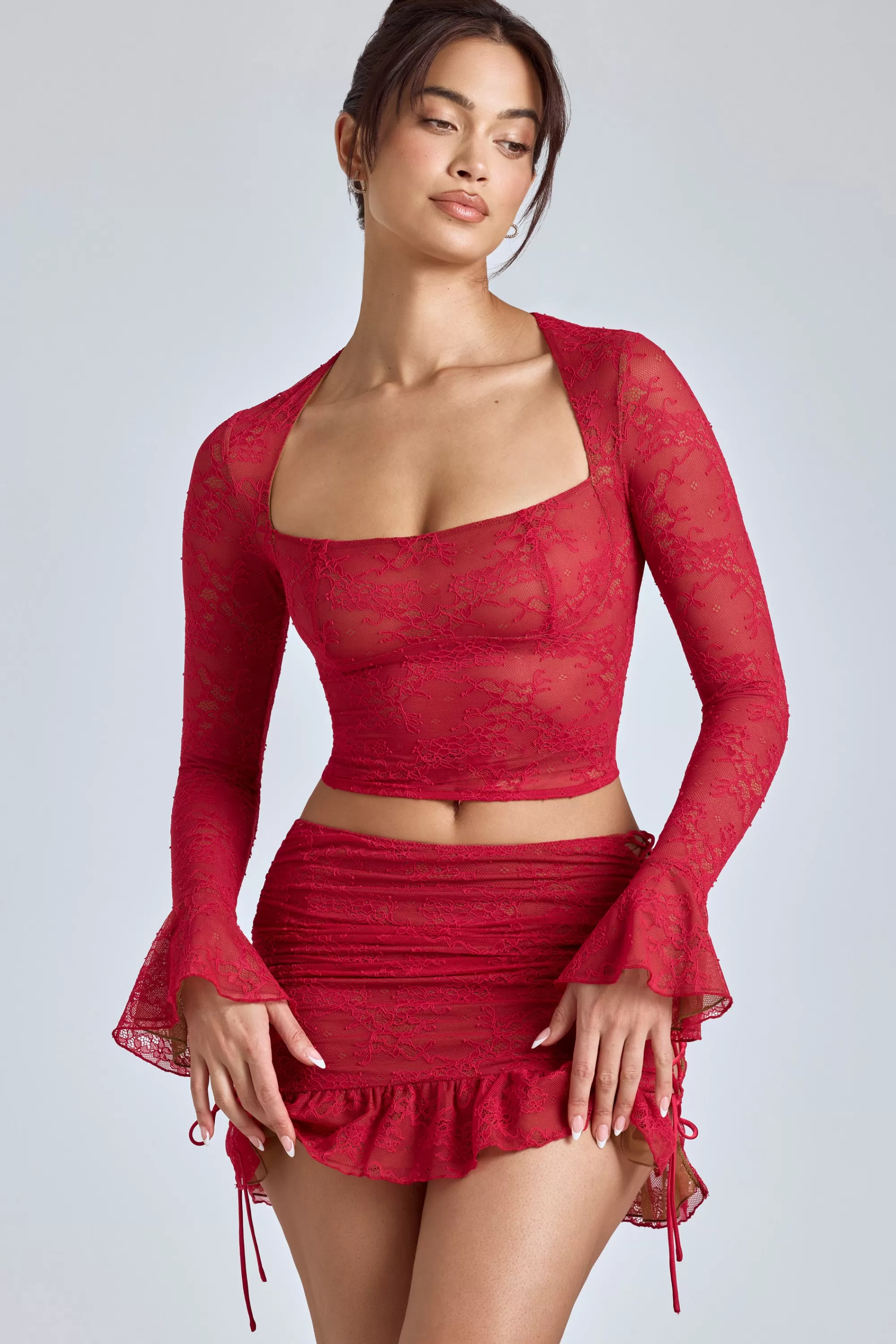 Oh Polly Lace Long Sleeve Top In Cherry Red Best Sale