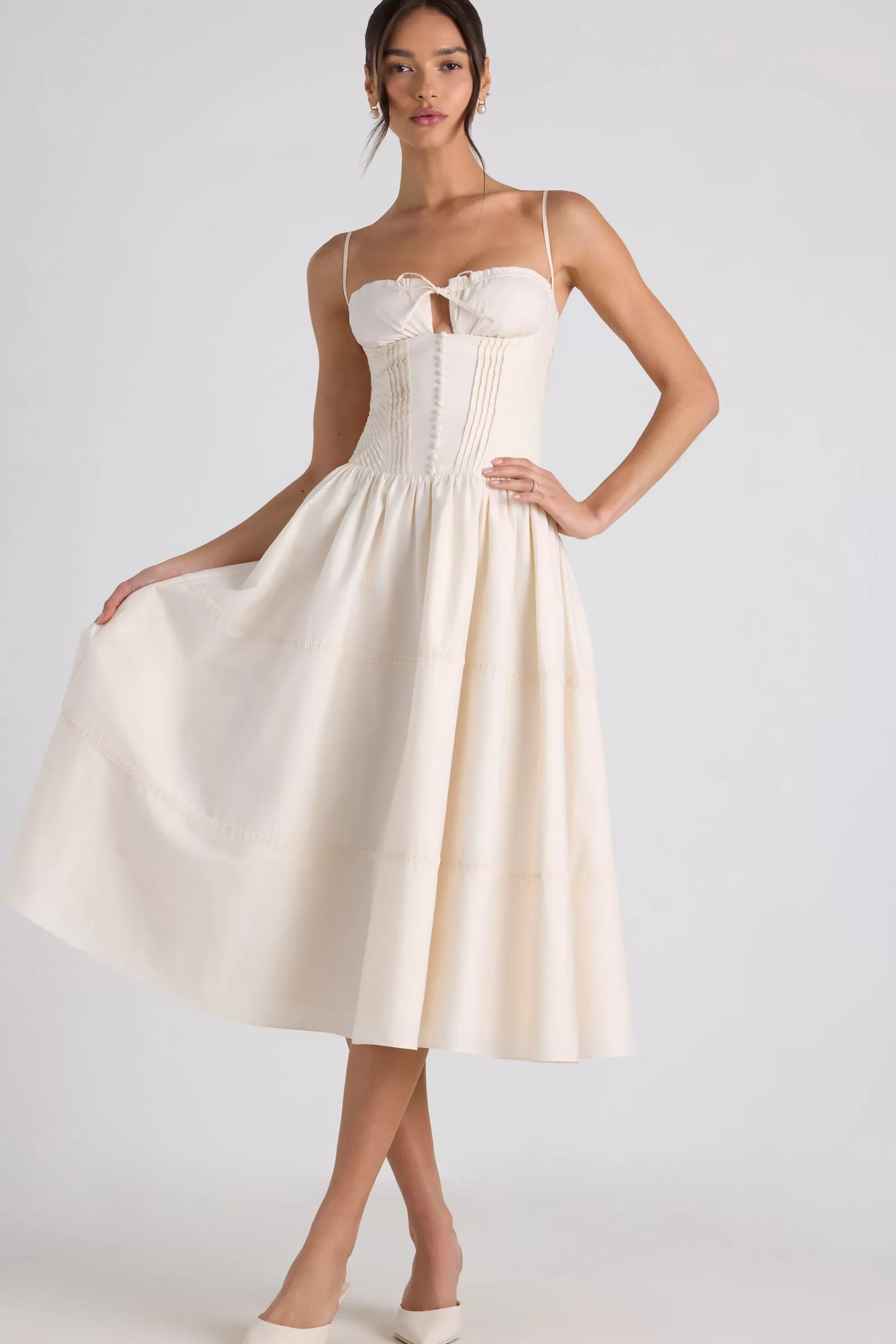 Oh Polly Lace-Trim Pintucked Poplin Midaxi Dress In Ivory Sale