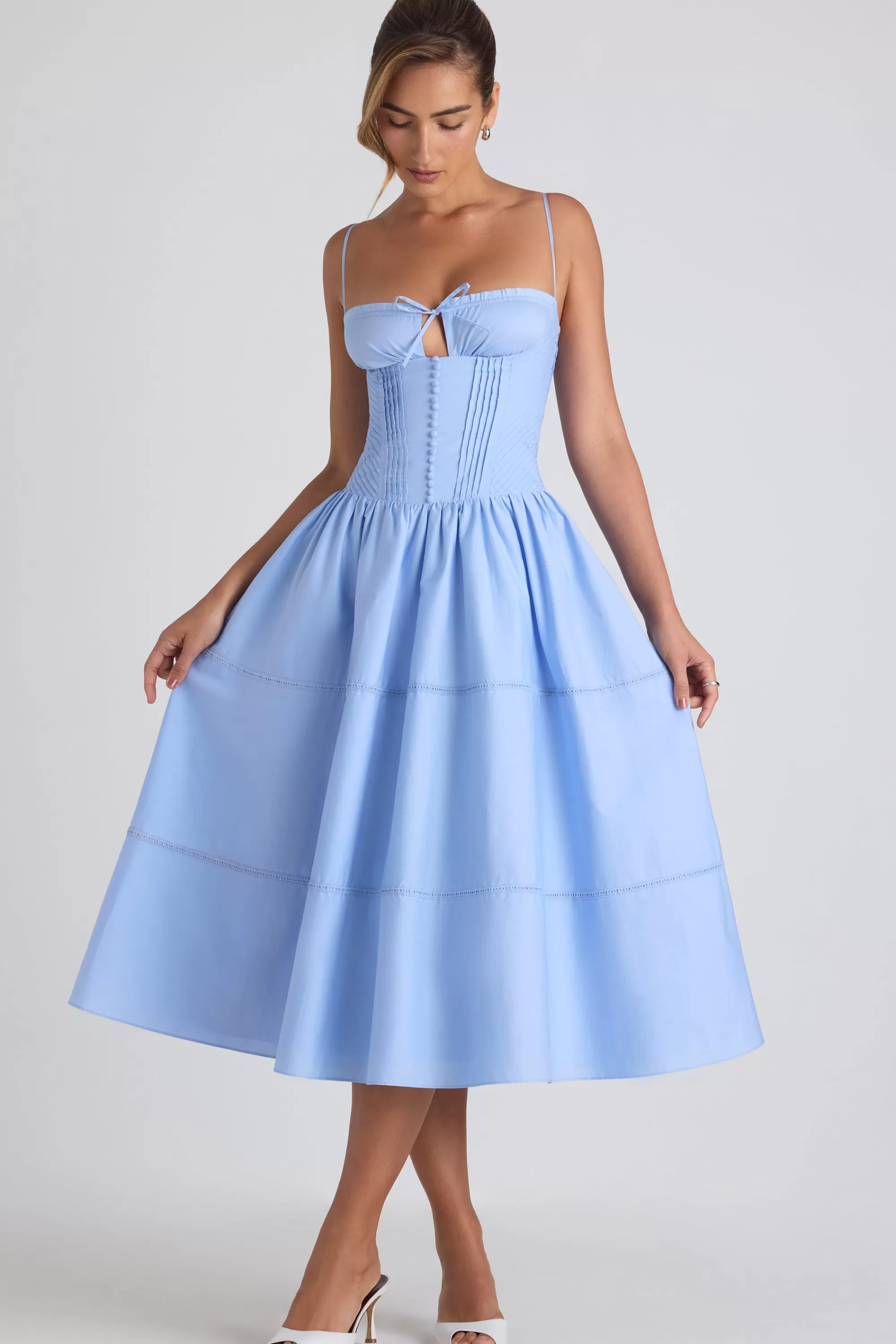 Oh Polly Lace-Trim Pintucked Poplin Midaxi Dress In Sky Blue Cheap