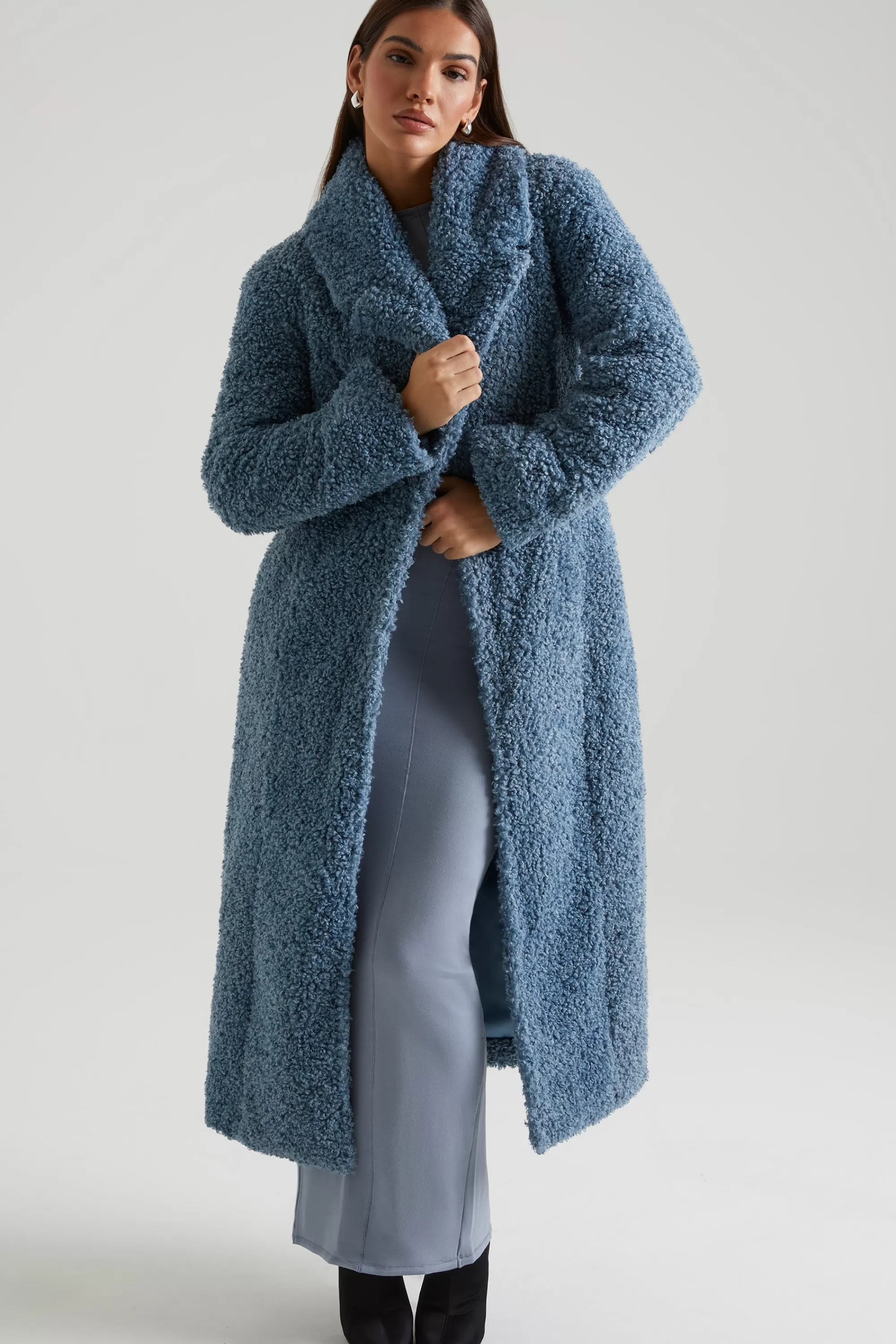 Oh Polly Long Shearling Coat In Blue Online