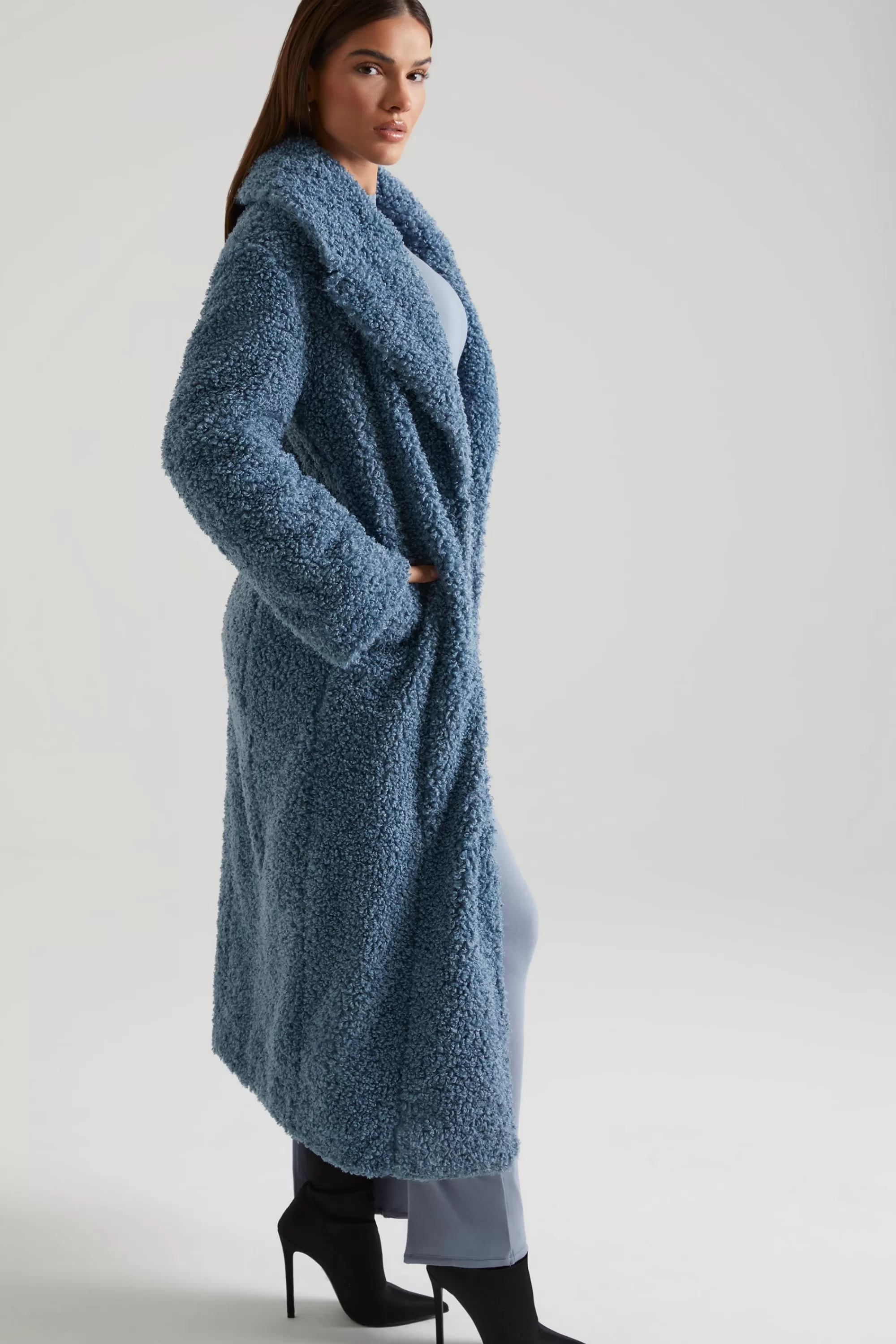 Oh Polly Long Shearling Coat In Blue Online