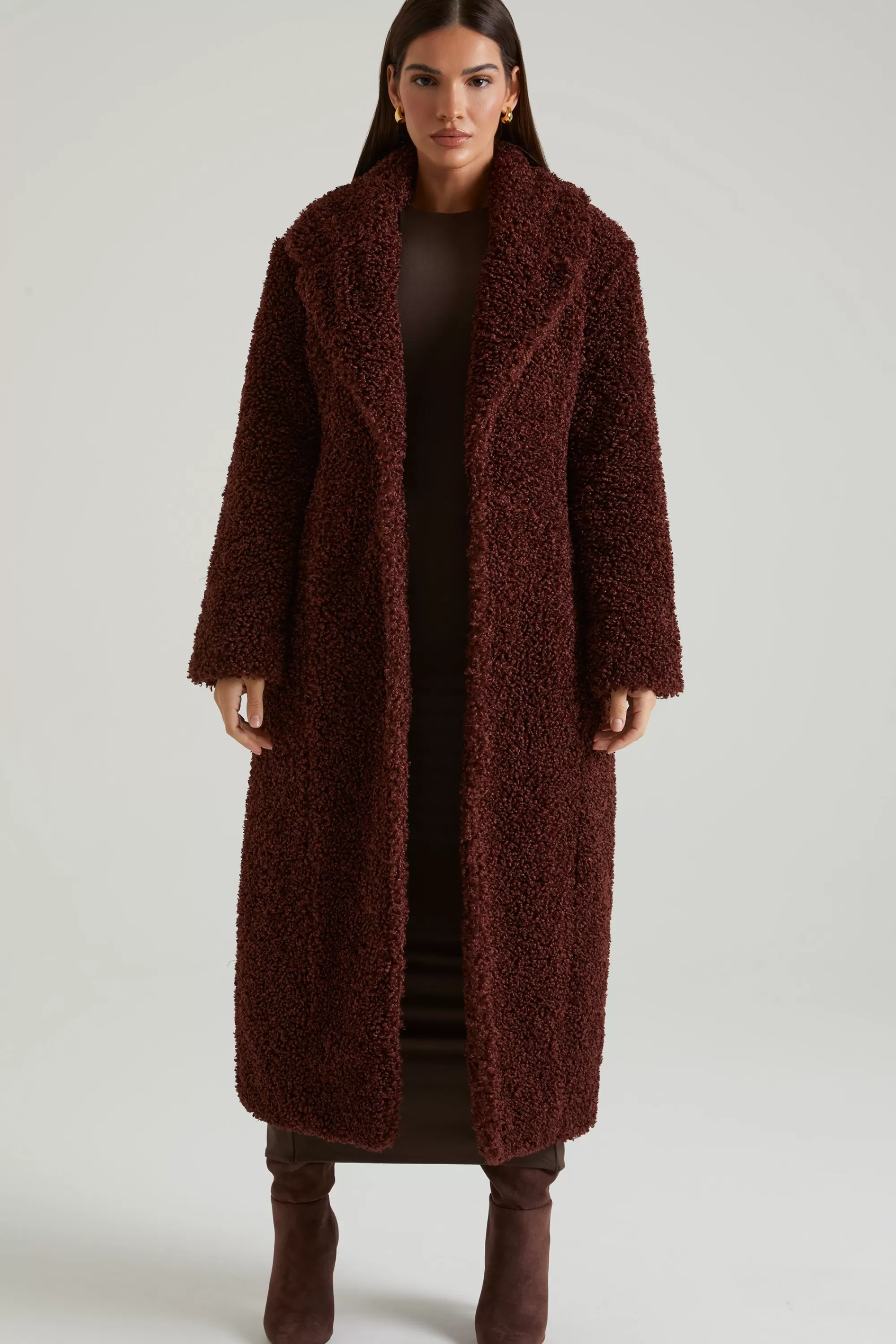 Oh Polly Long Shearling Coat In Brown Online