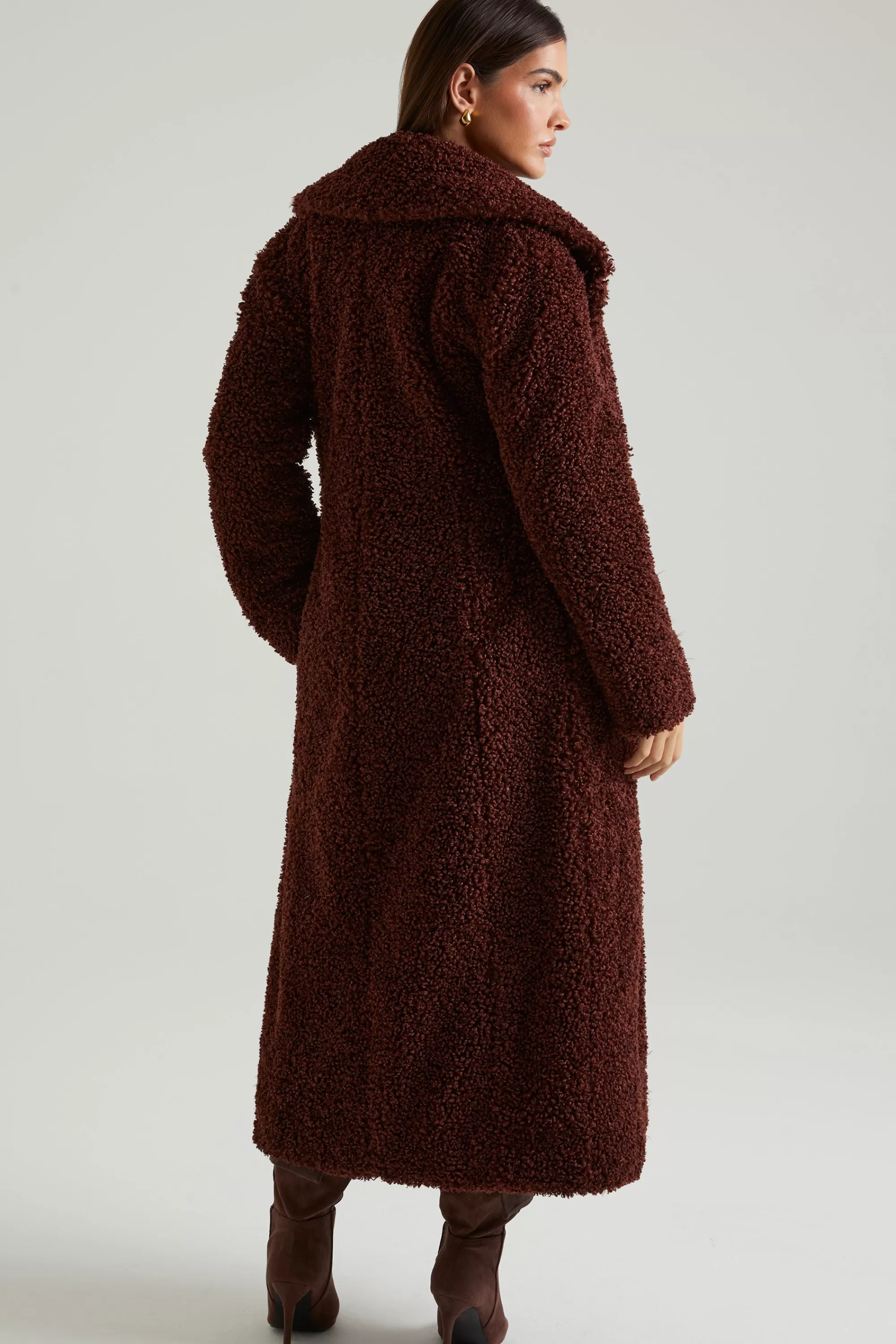 Oh Polly Long Shearling Coat In Brown Online