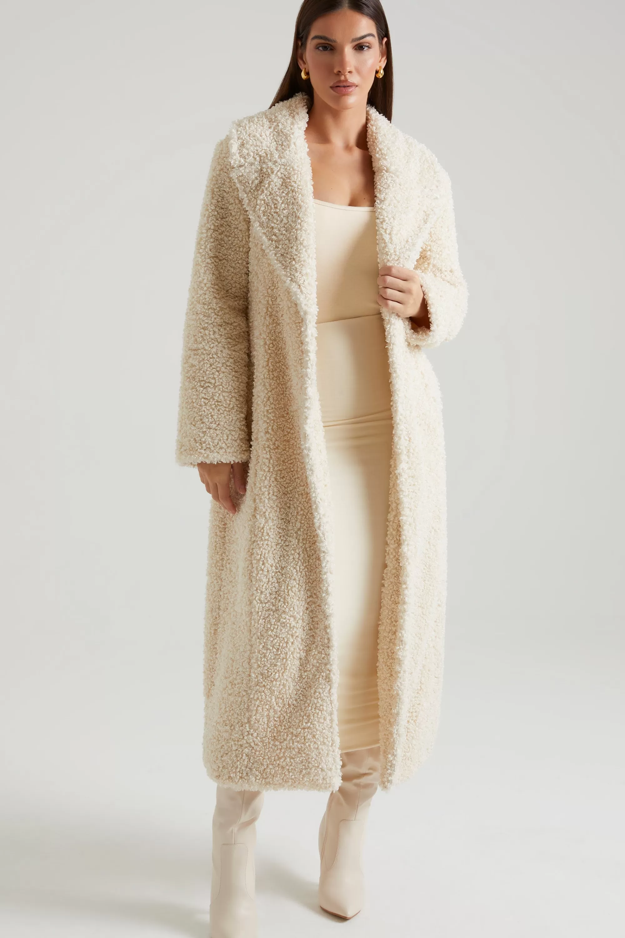 Oh Polly Long Shearling Coat In Cream Best Sale