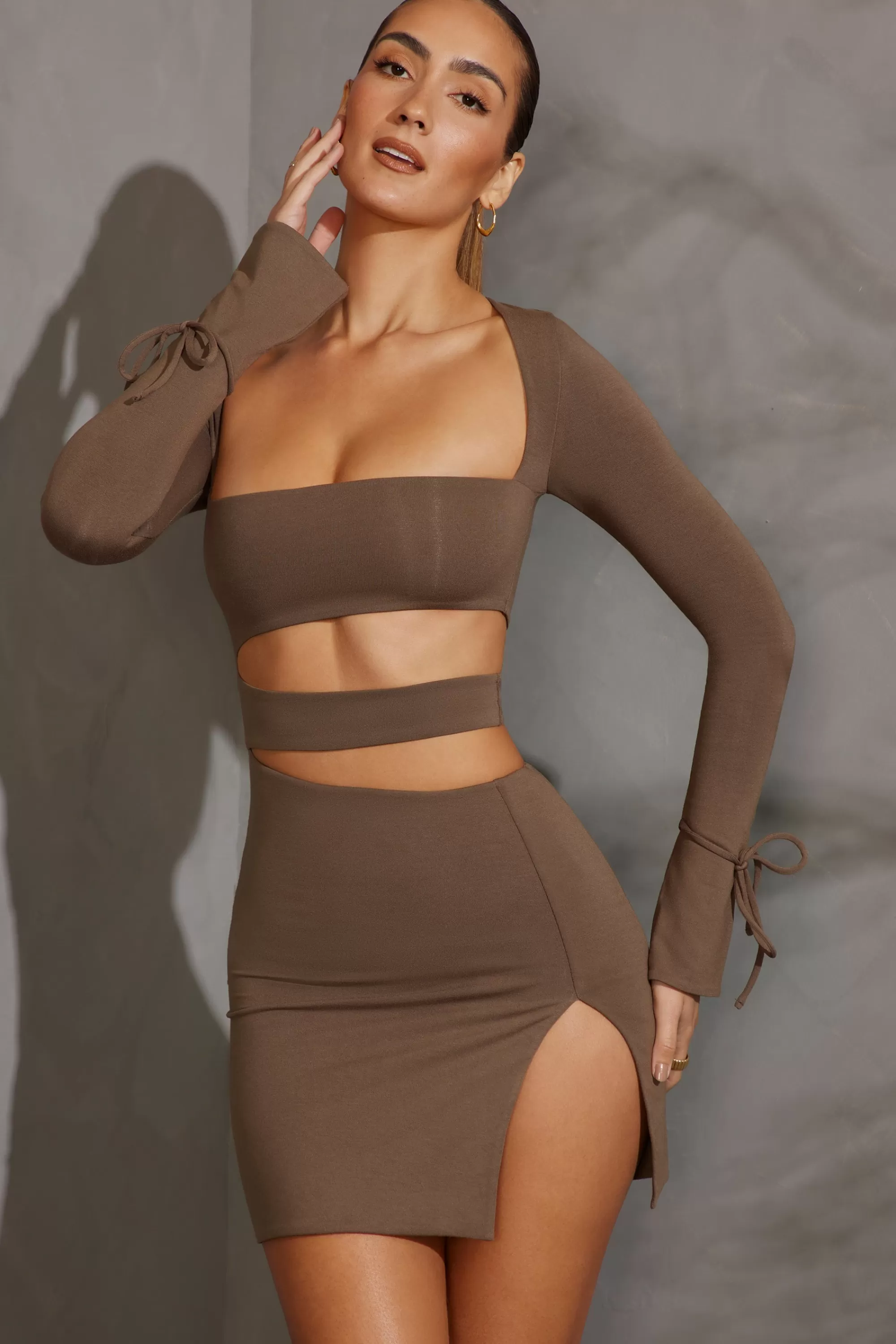 Oh Polly Long Sleeve Cut Out Mini Dress In Taupe New