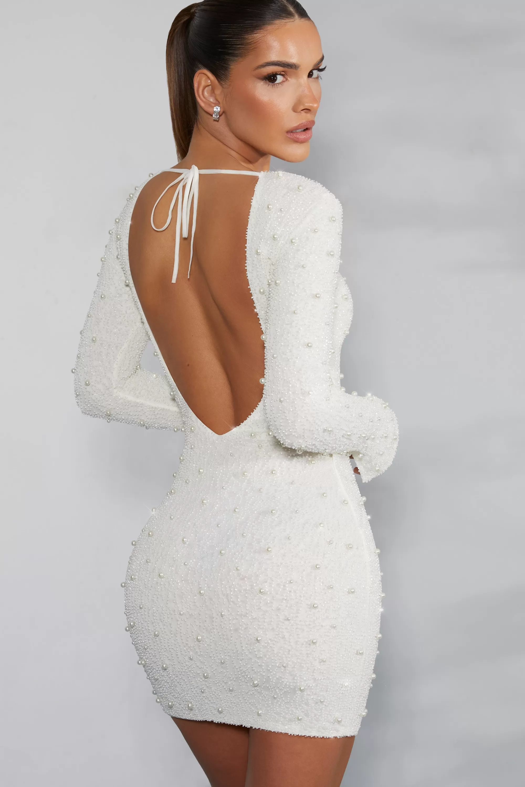 Oh Polly Long Sleeve Embellished Backless Mini Dress In Ivory Sale