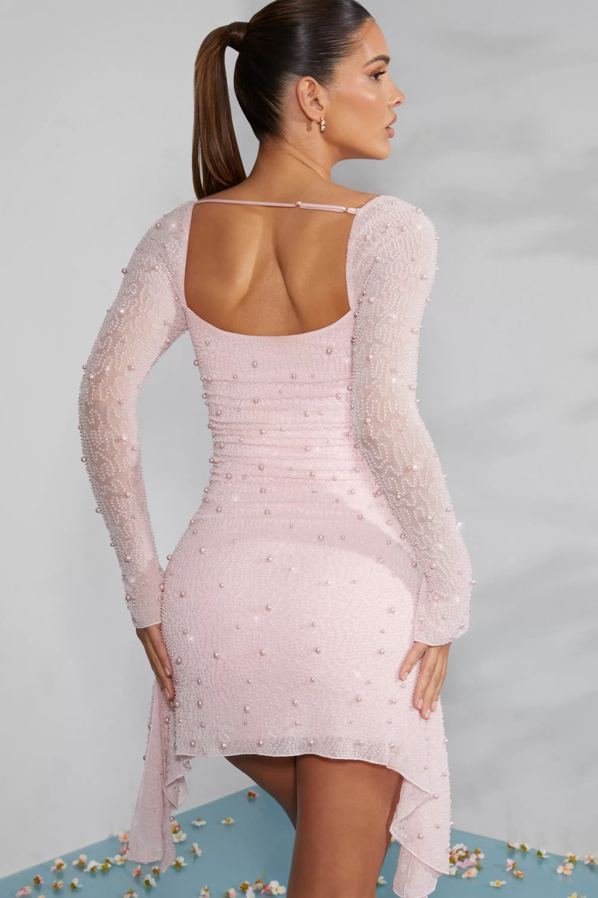 Oh Polly Long Sleeve Embellished Cowl Neck Mini Dress In Blush Sale