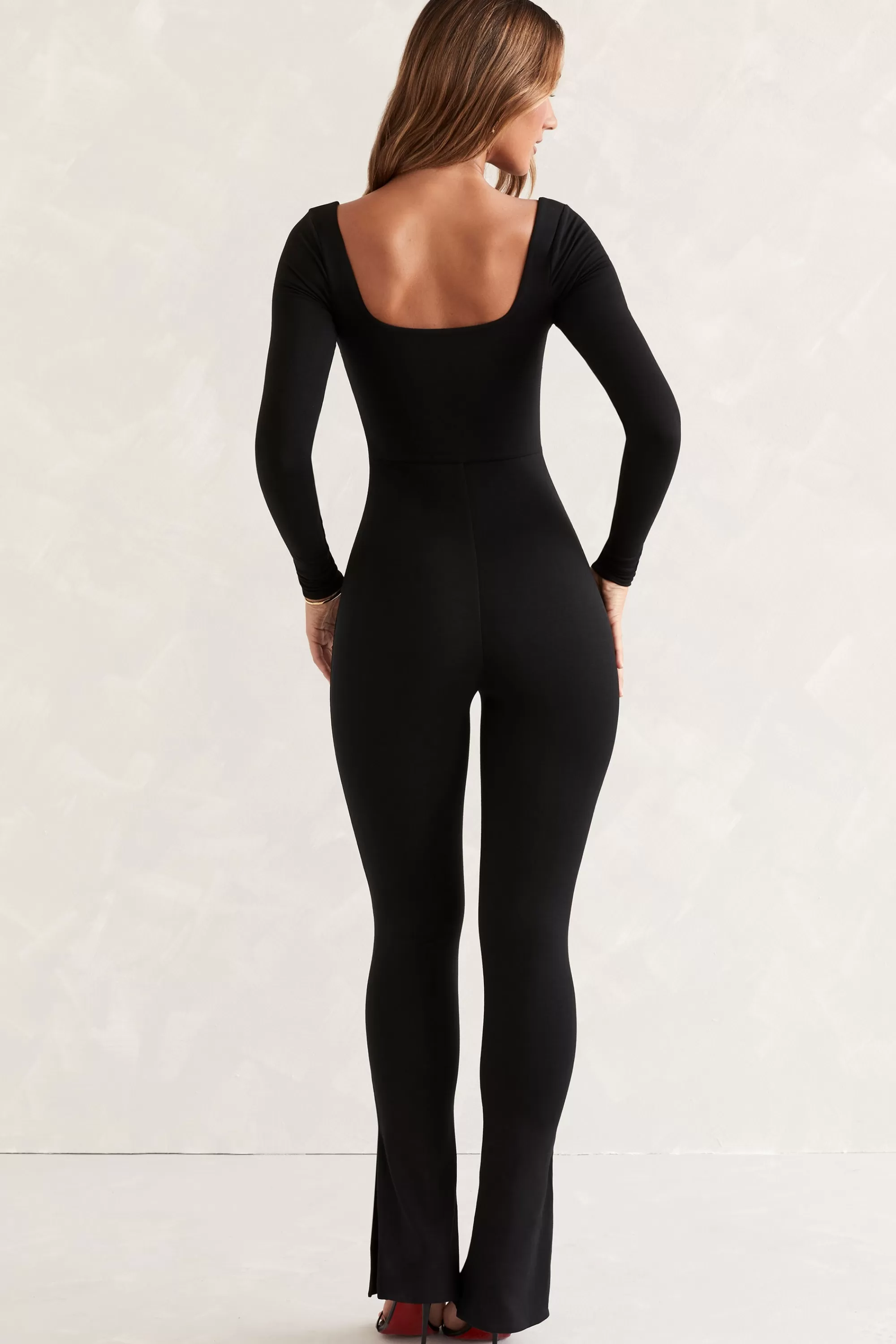 Oh Polly Long Sleeve Square Neck Jumpsuit In Black Fashion