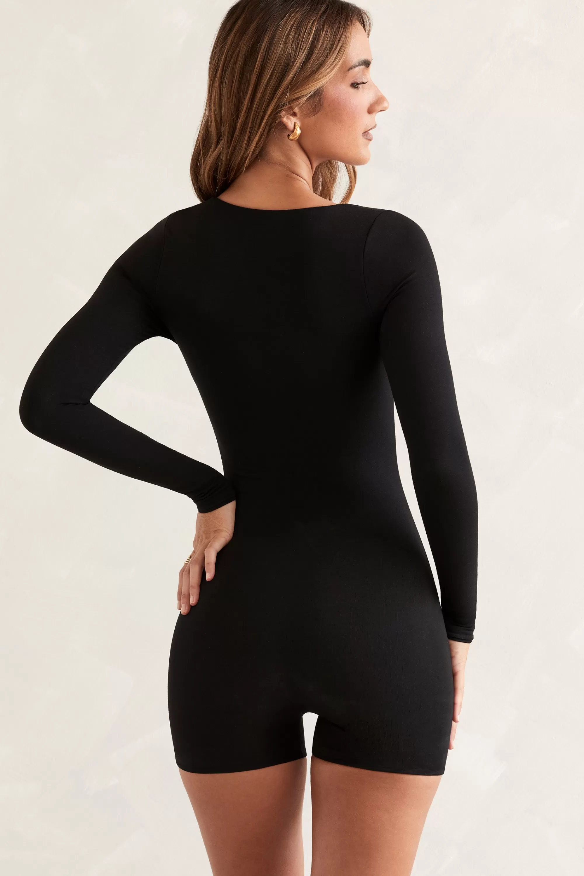 Oh Polly Long Sleeve Square Neck Unitard In Black Hot