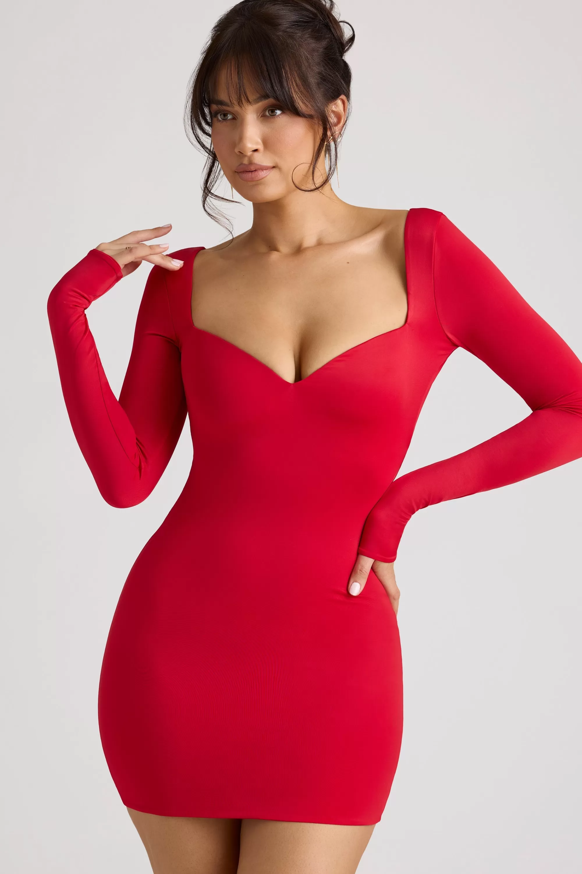 Oh Polly Long Sleeve Sweetheart Neckline Mini Dress In Fire Red Best Sale