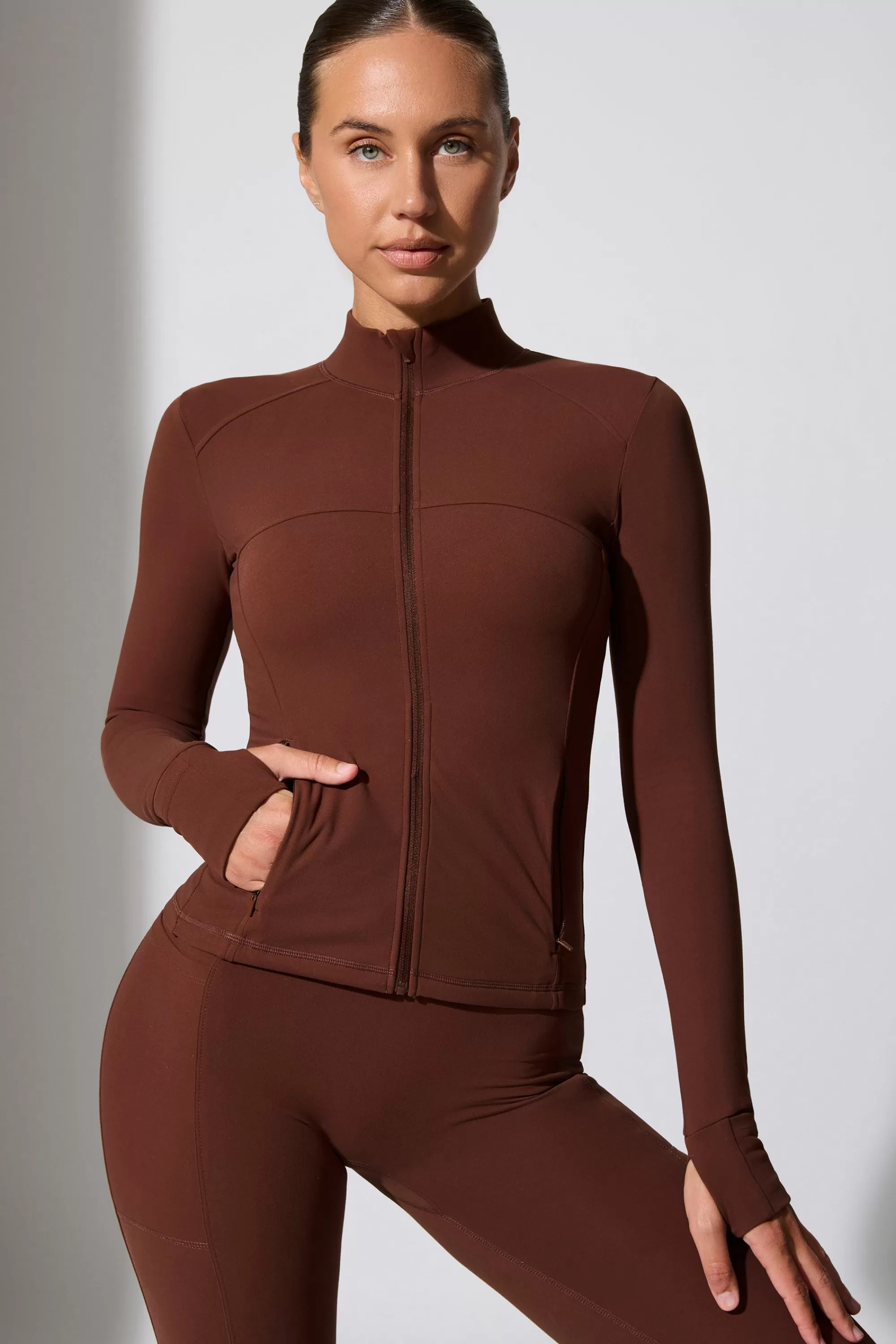 Oh Polly Long Sleeve Zip Up Jacket In Chocolate Cheap