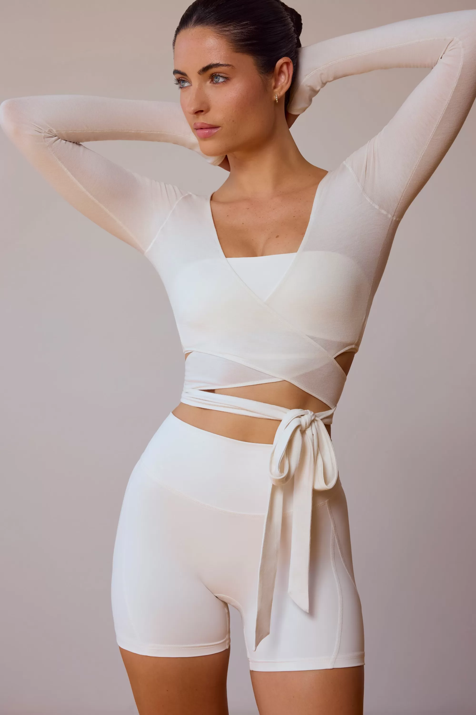 Oh Polly Long-Sleeve Wrap Crop Top In Soft White New