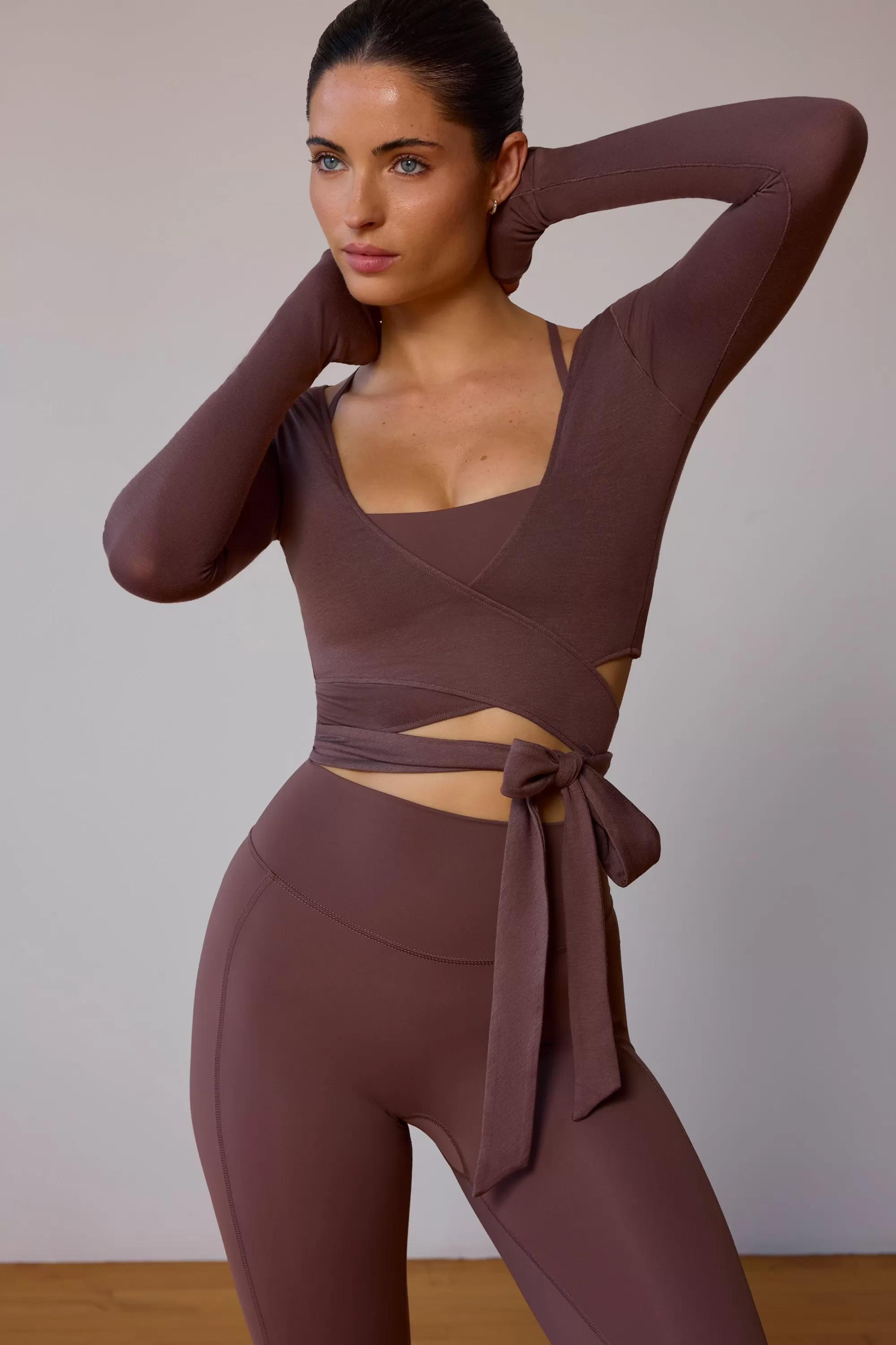 Oh Polly Long-Sleeve Wrap Crop Top In Taupe Brown Clearance