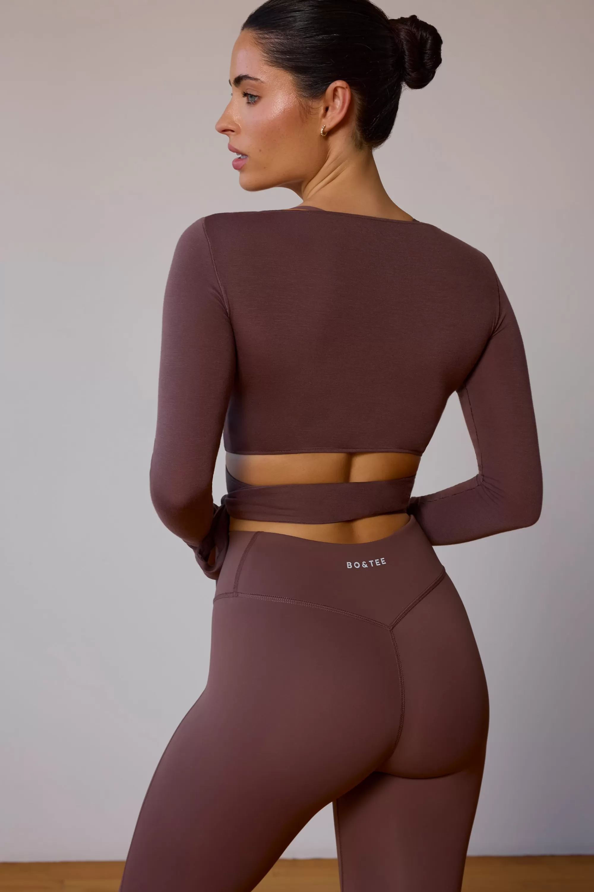 Oh Polly Long-Sleeve Wrap Crop Top In Taupe Brown Clearance