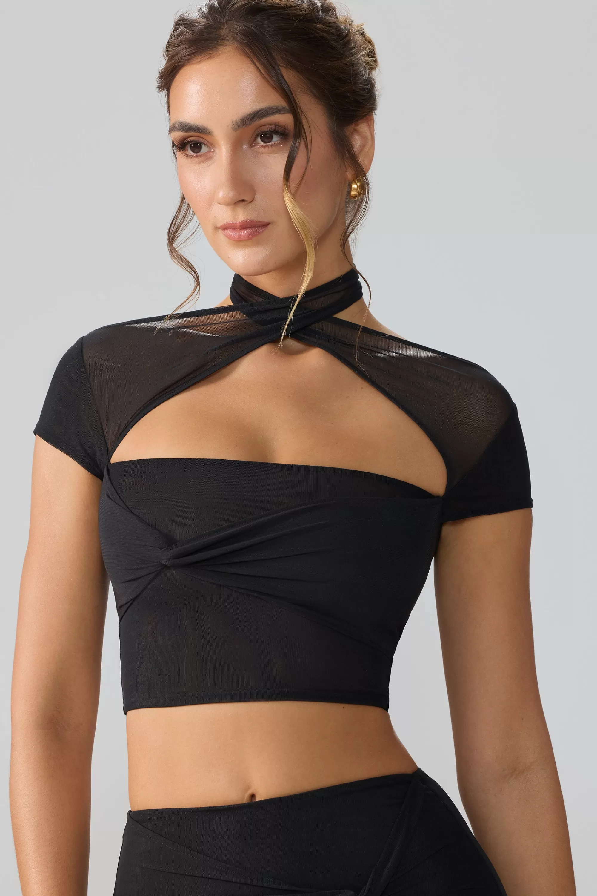 Oh Polly Mesh Cap Sleeve Cut Out Crop Top In Black Store