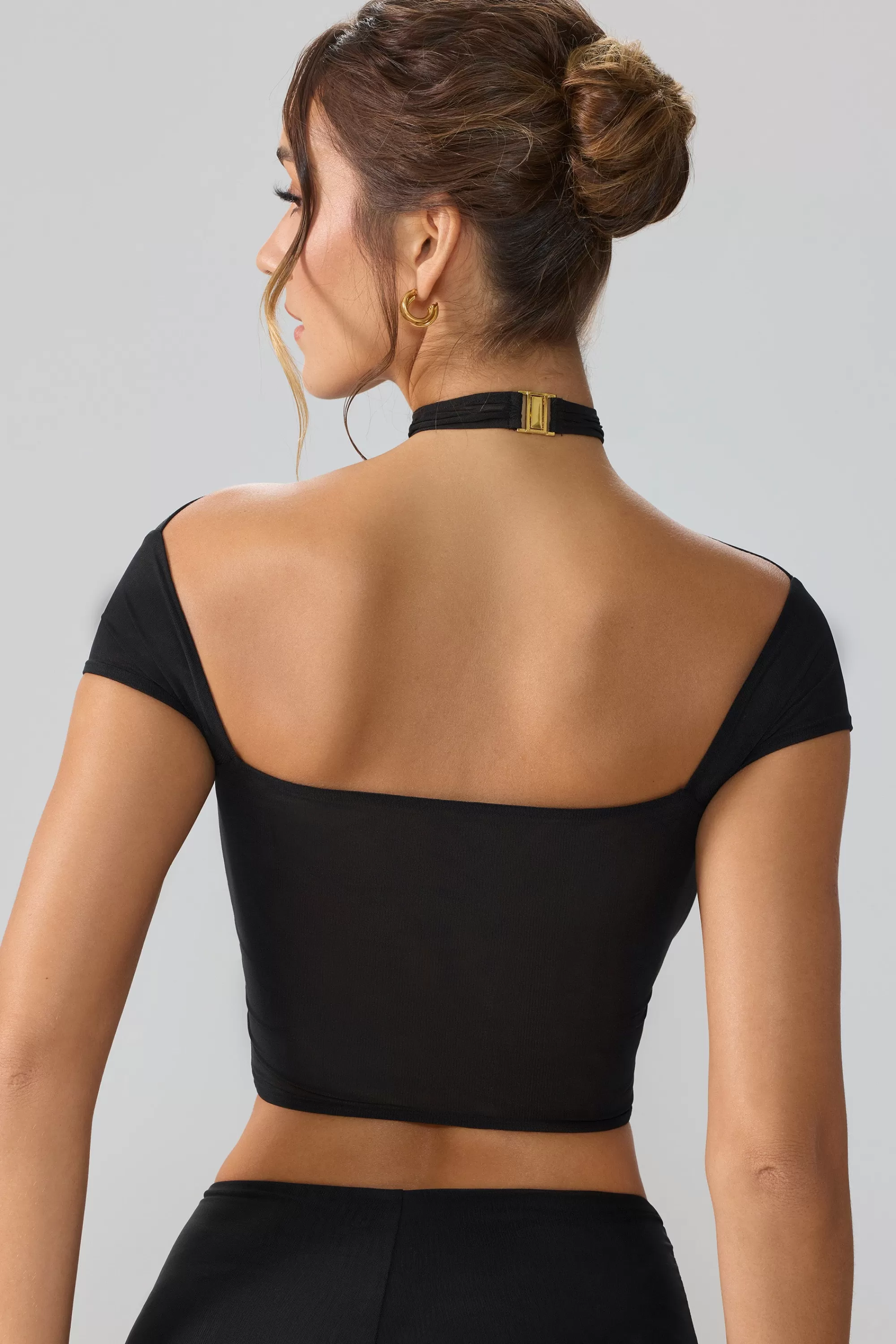 Oh Polly Mesh Cap Sleeve Cut Out Crop Top In Black Store