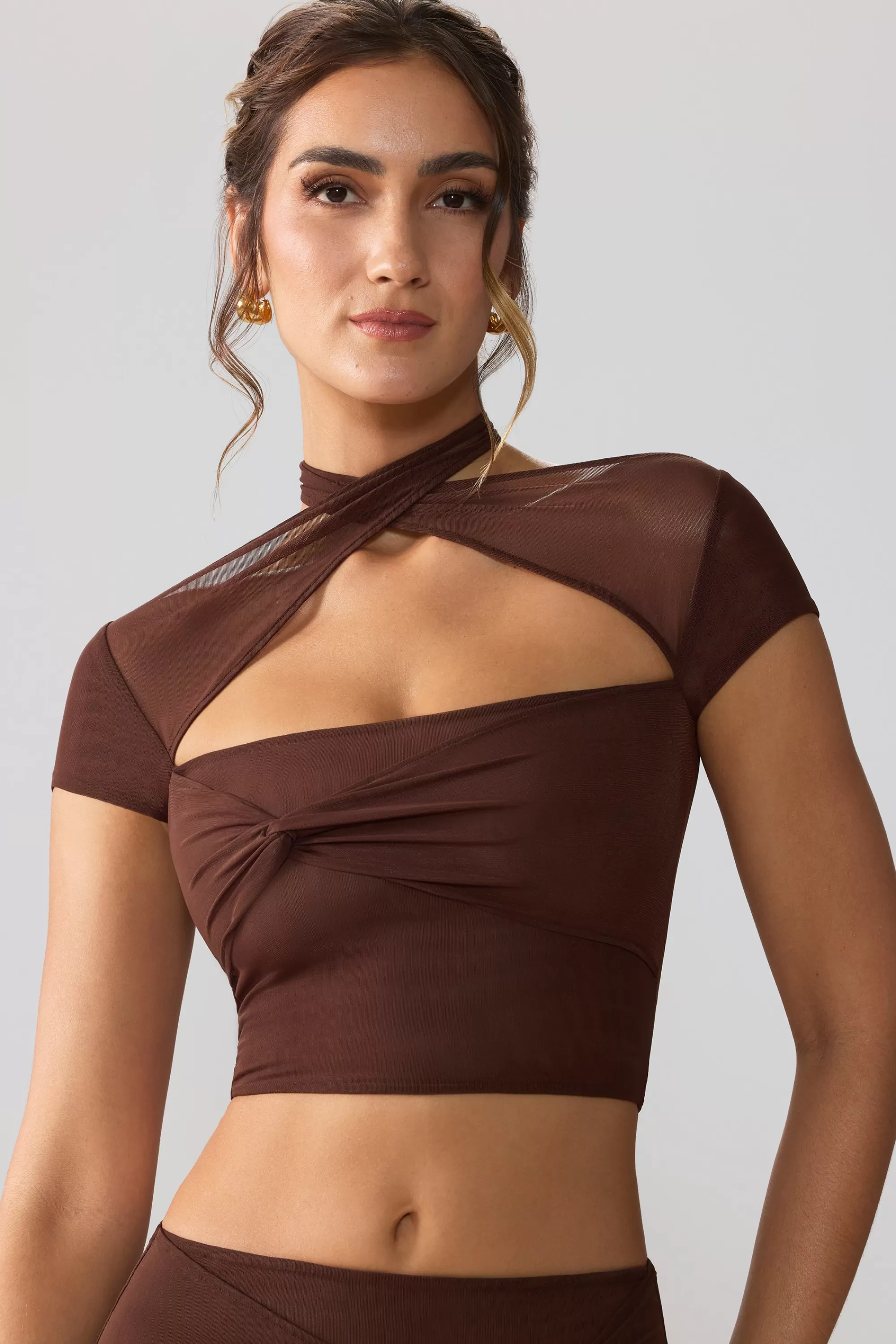 Oh Polly Mesh Cap Sleeve Cut Out Crop Top In Espresso Online