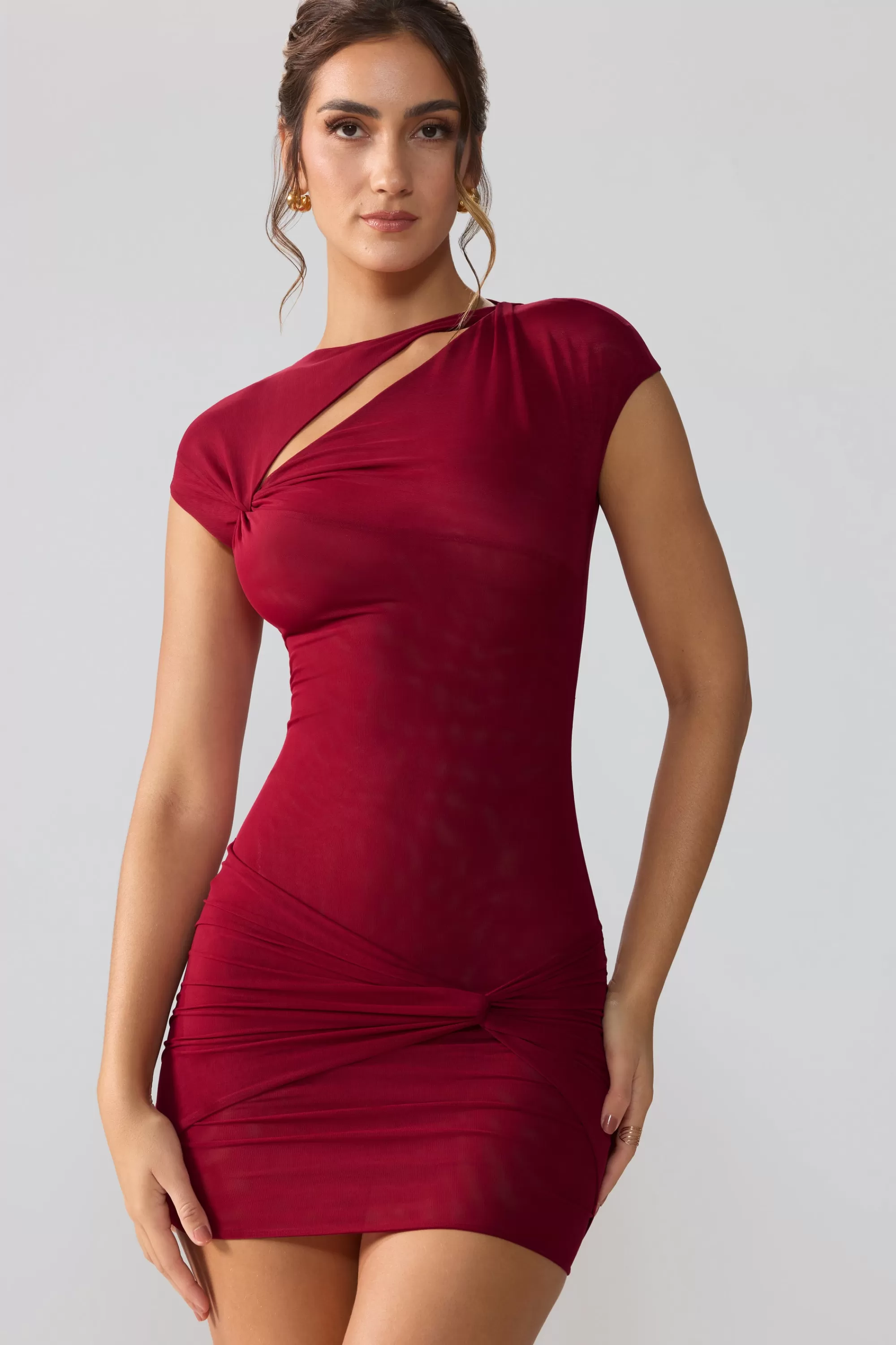 Oh Polly Mesh Cap Sleeve Cut Out Mini Dress In Ruby Fashion