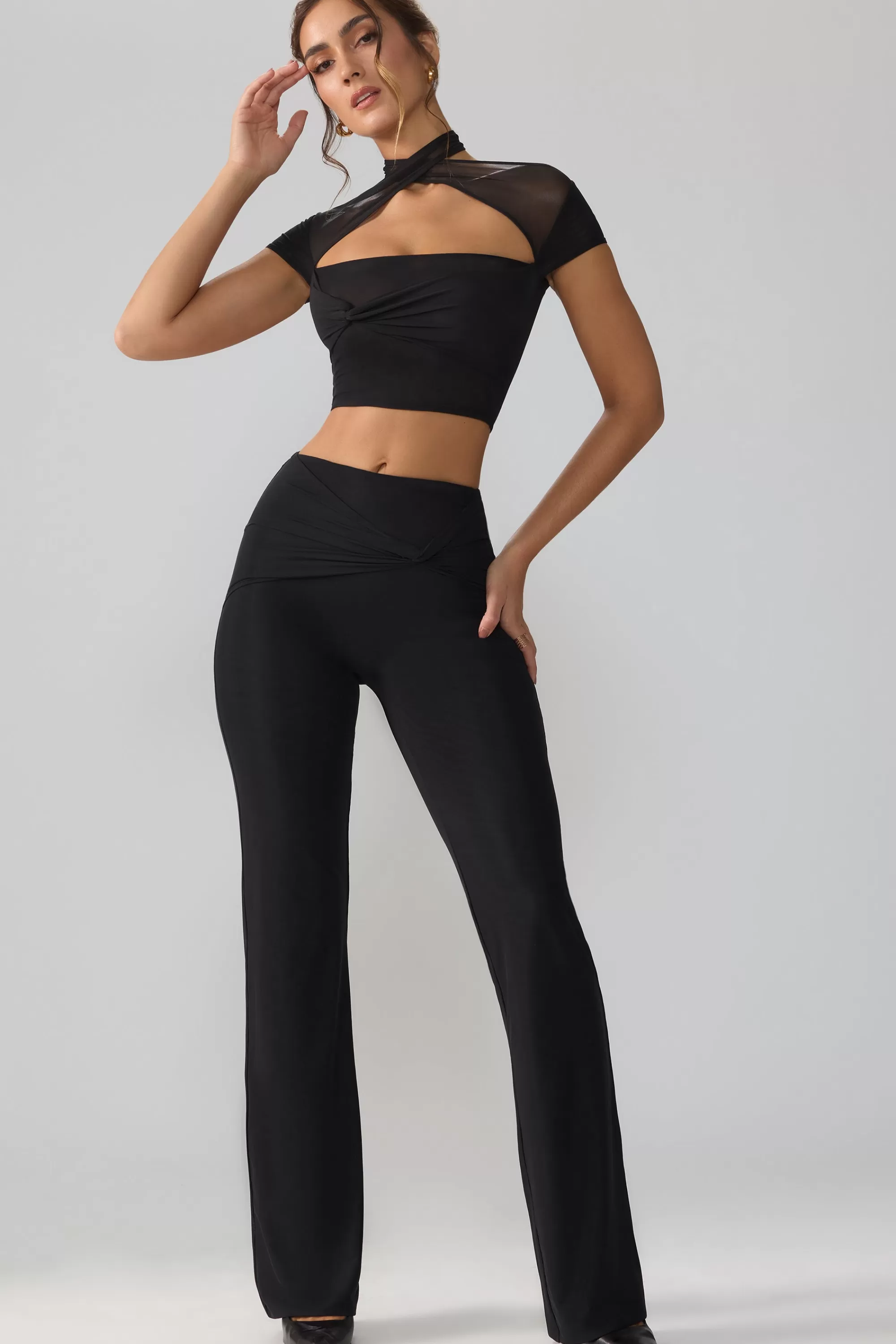 Oh Polly Mesh Mid Rise Twist Overlay Flare Trousers In Black Clearance