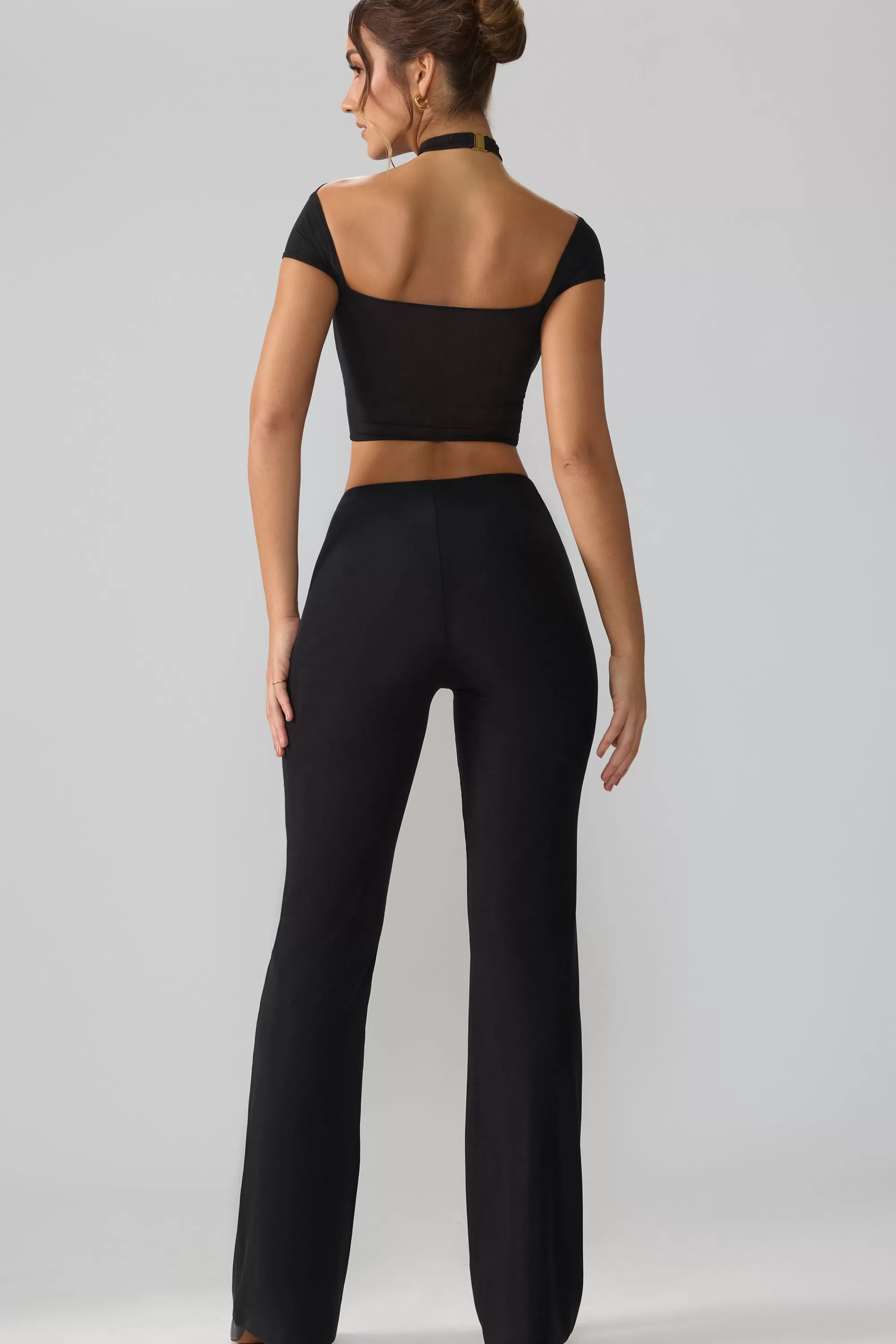 Oh Polly Mesh Mid Rise Twist Overlay Flare Trousers In Black Clearance