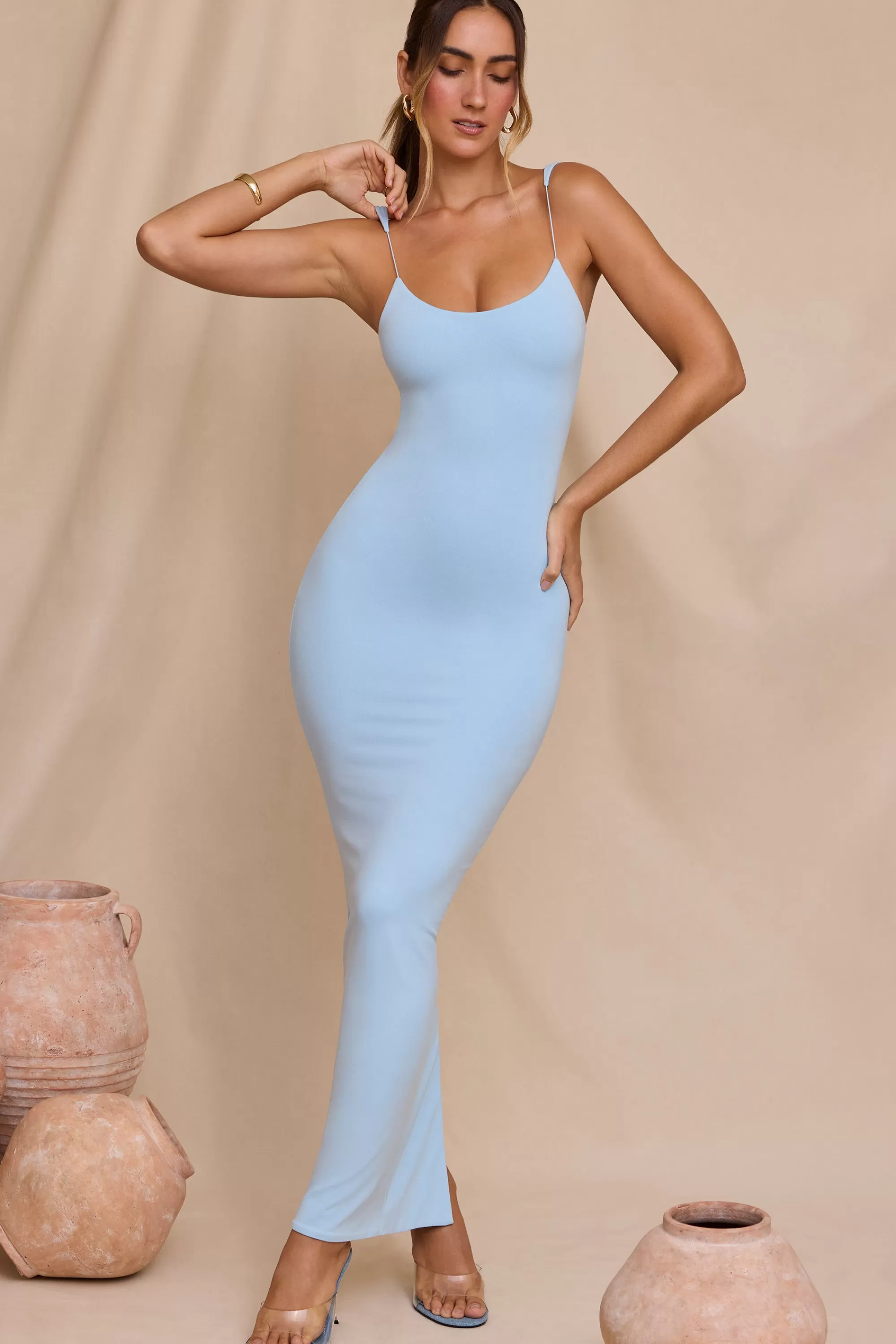 Oh Polly Micro Strap Detail Maxi Dress In Sky Blue New