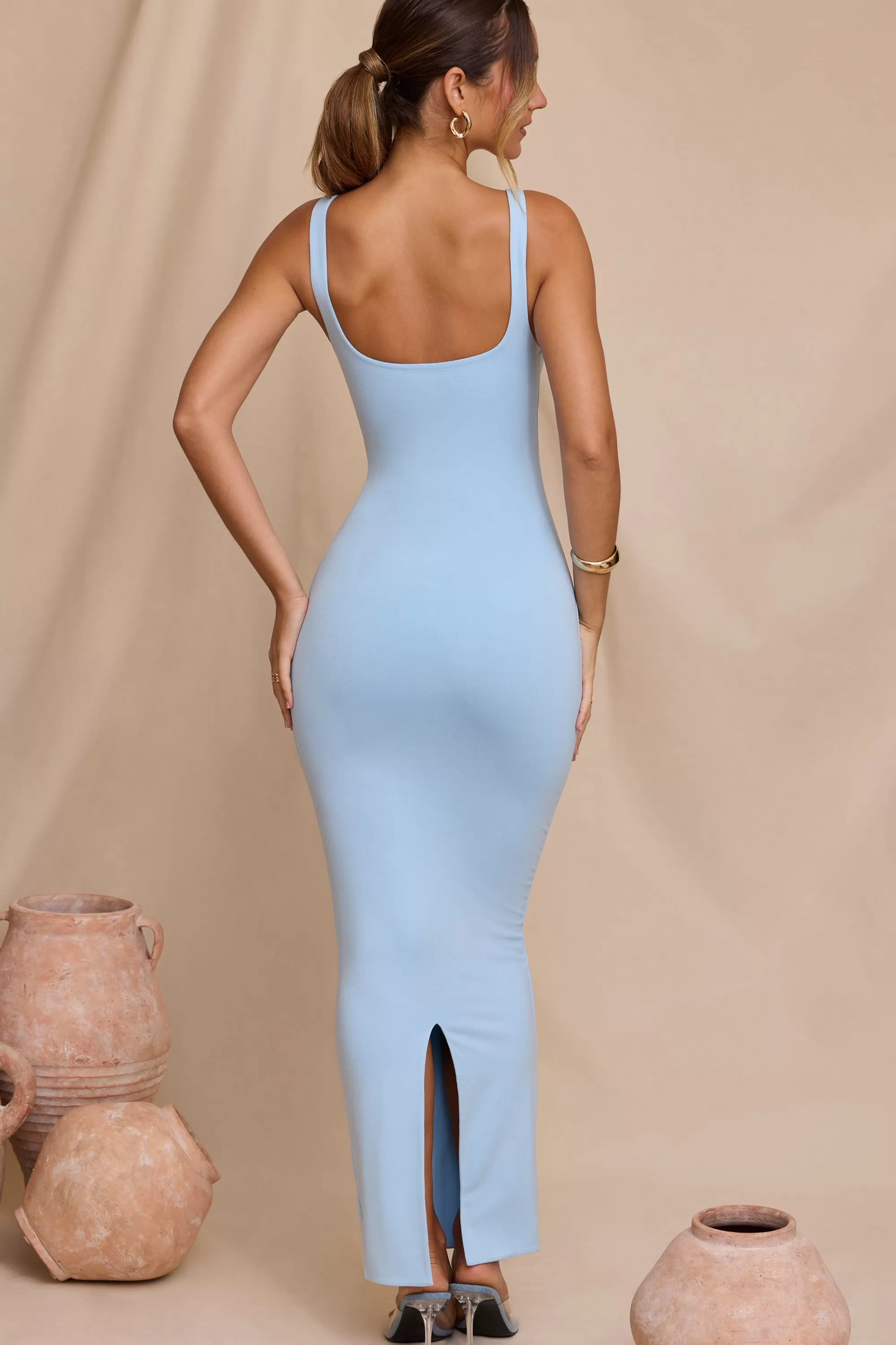 Oh Polly Micro Strap Detail Maxi Dress In Sky Blue New