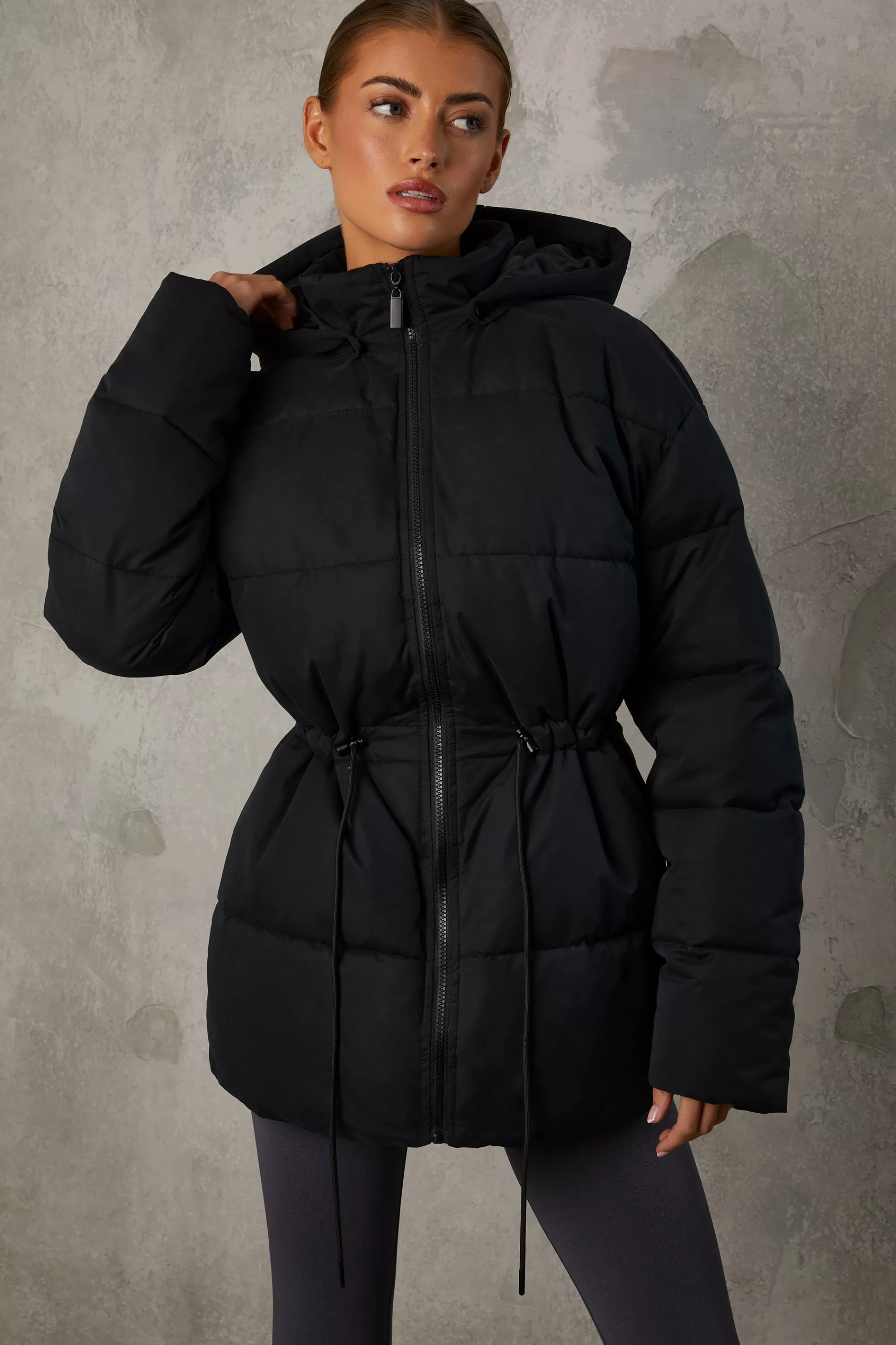 Oh Polly Mid Length Hooded Puffer Coat In Black Clearance