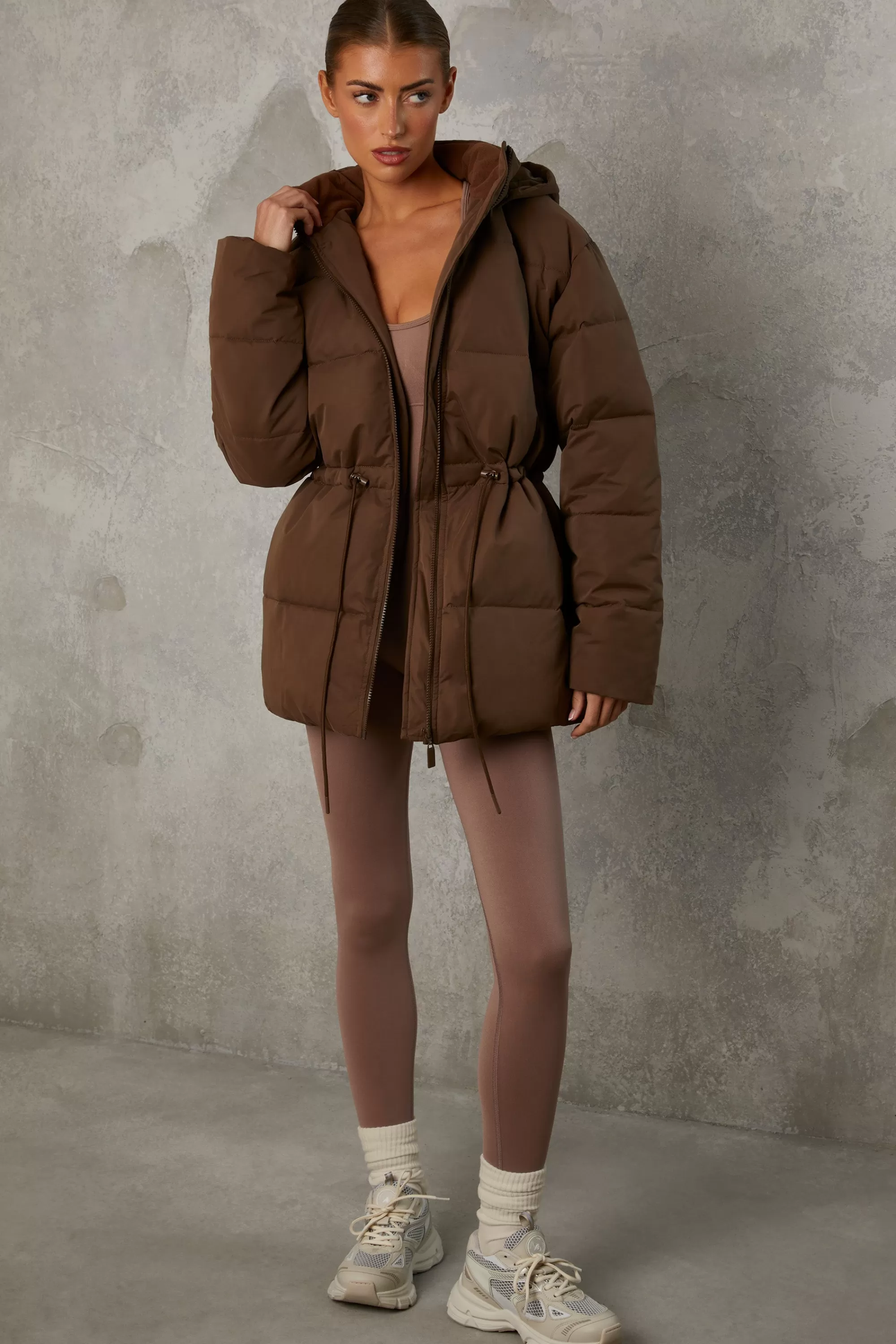 Oh Polly Mid Length Hooded Puffer Coat In Cocoa Brown Flash Sale