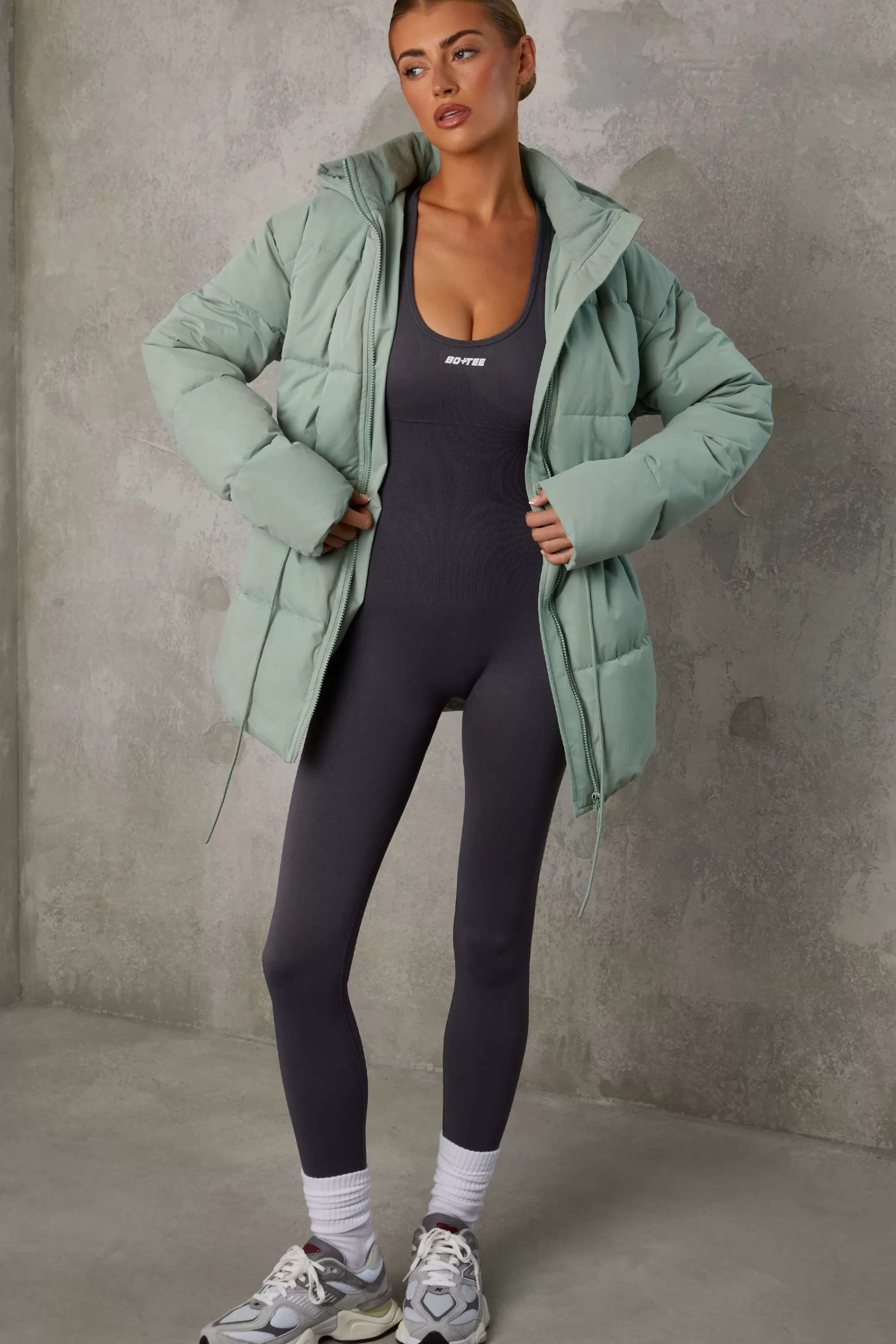 Oh Polly Mid Length Hooded Puffer Coat In Iceberg Green Flash Sale